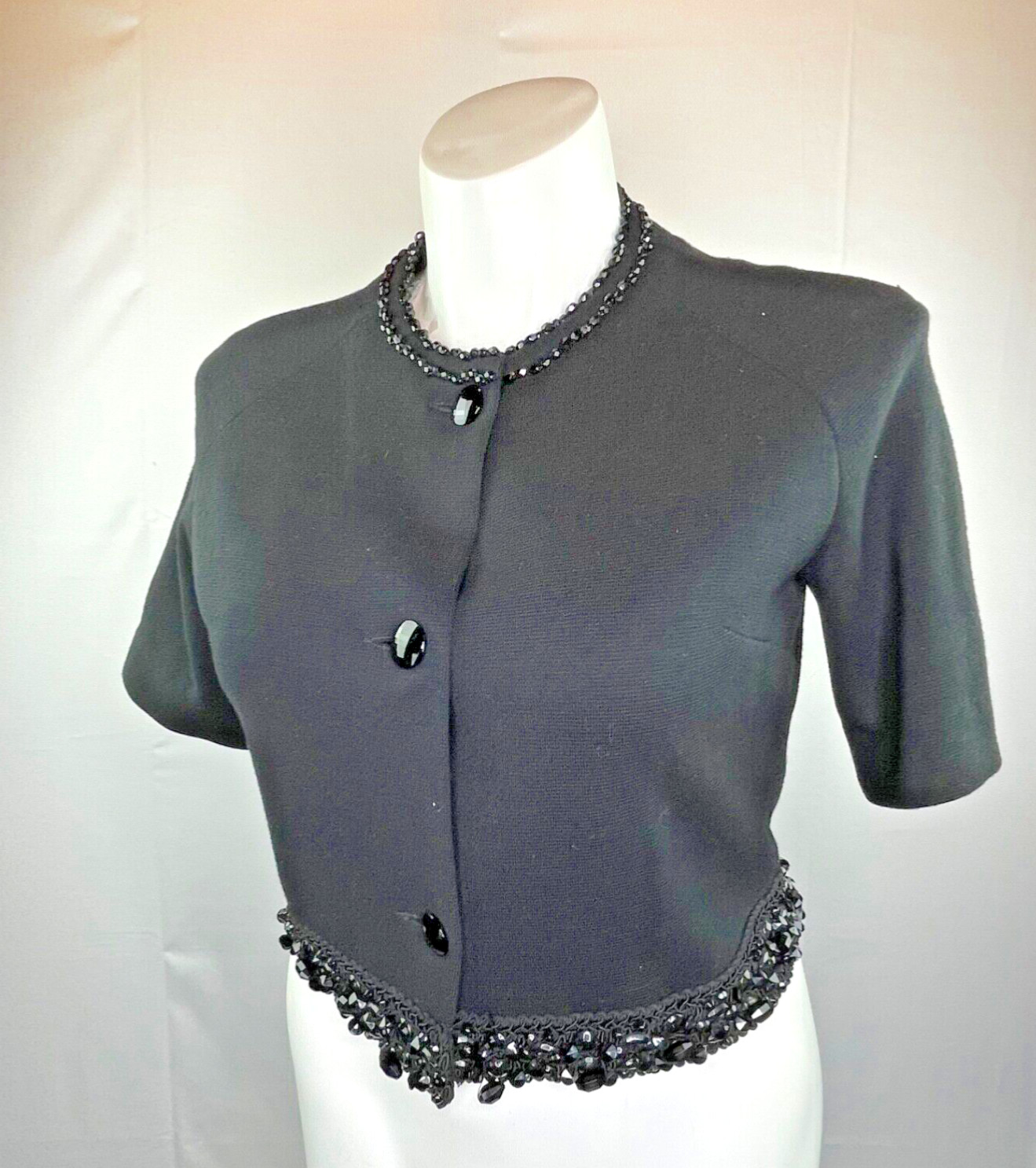 60’s Kimberly 100% Wool Cropped Beaded Button Front Sweater Cardigan Jacket 12