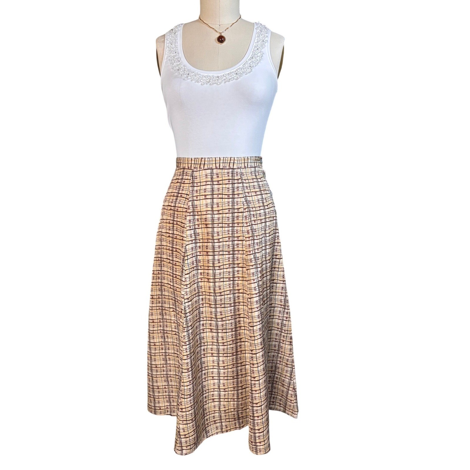 Plaid A-Line Melrose Studio Petites Button Side Tan Brown Midi Skirt Vintage