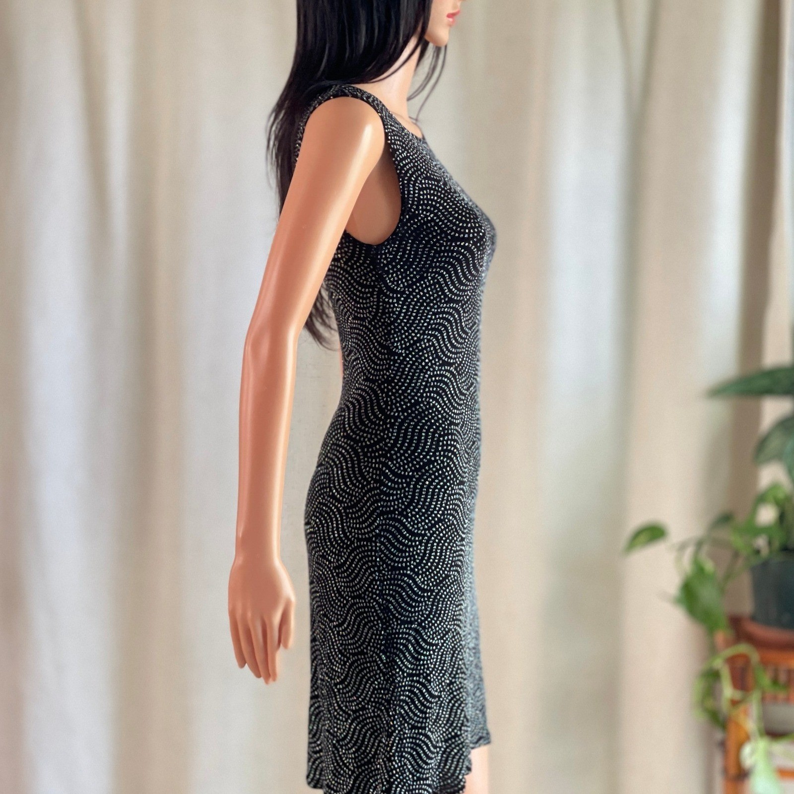 Vtg 90s Black Silver Sparkly Wavy Dot Dress Grunge Glam Whimsigoth Goth Size 5/6