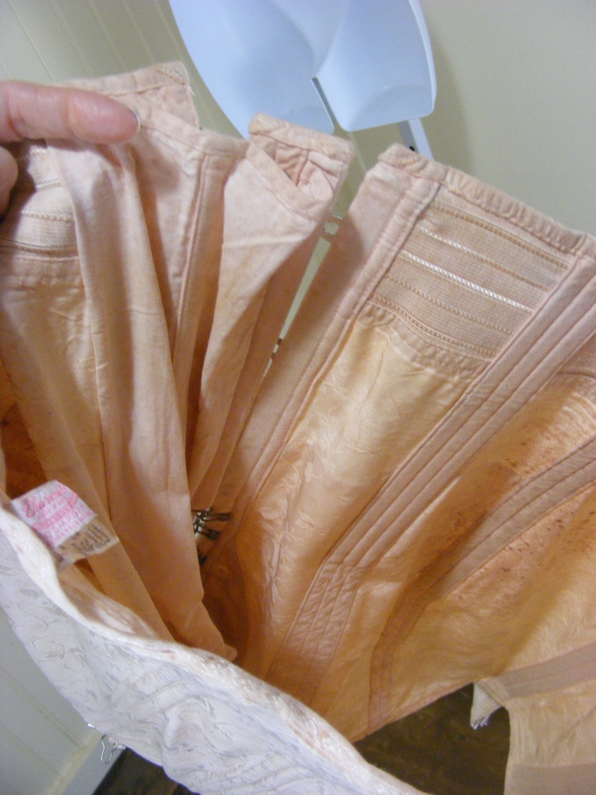 50s CHARMODE COMFORT CORSET PEACH DAMASK TIE FRONT COTTON RAYON VINTAGE CORSET L