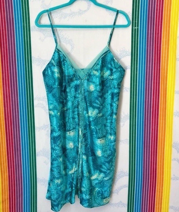 VINTAGE Valerie Stevens Mermaid Aqua Slip Dress Cutout Medium Y2K 90s Fairy Core