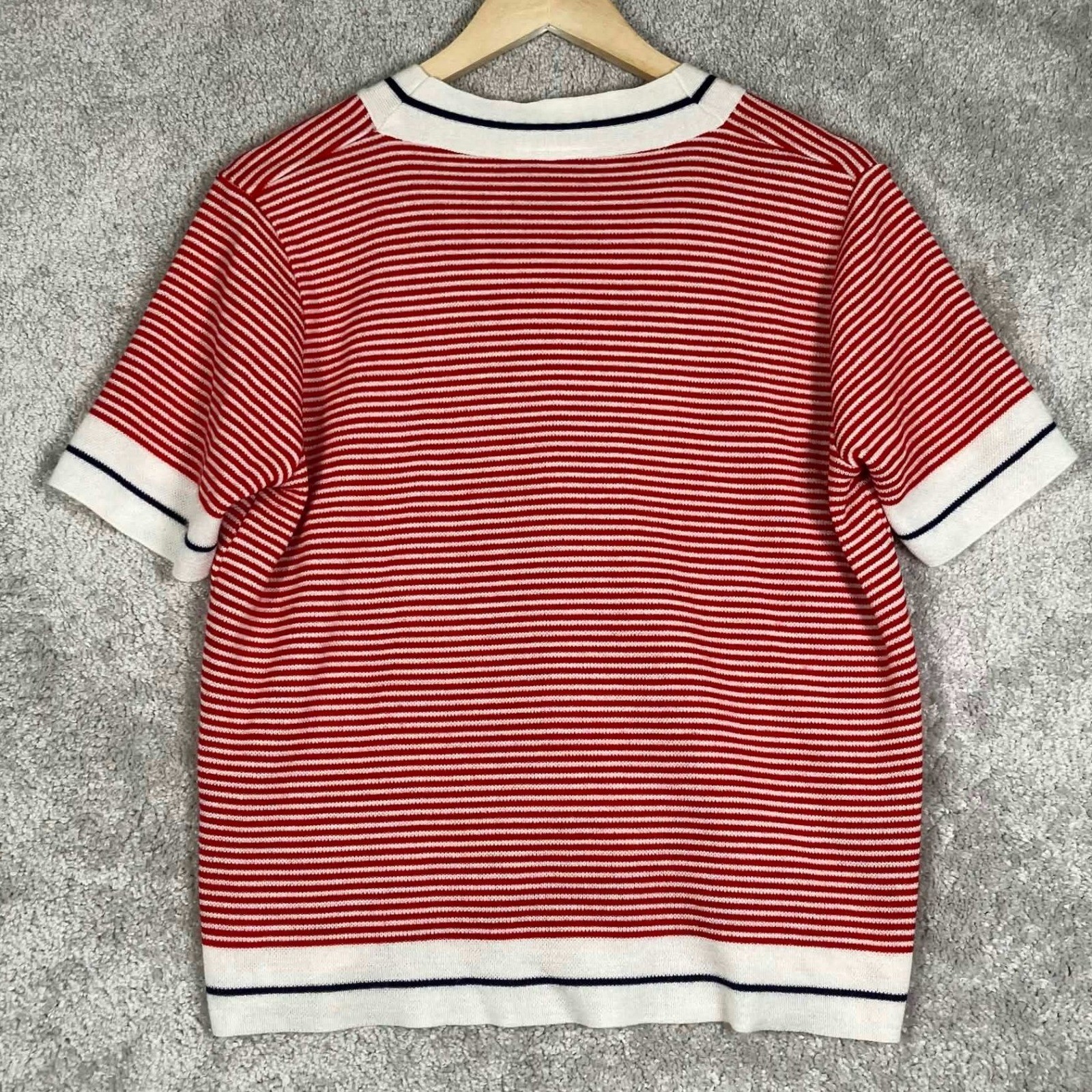 Vintage 80s Knit V-Neck Nautical Red White Striped Short Sleeve Sweater Retro