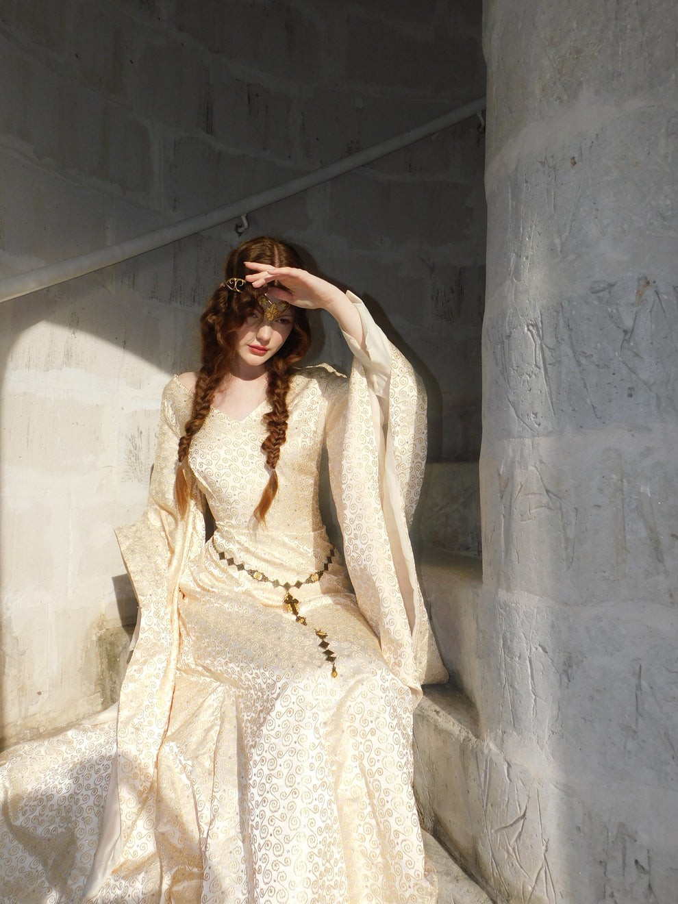 1930s Vintage Spanish Silk Gold Embroidered Medieval Brocade Gown