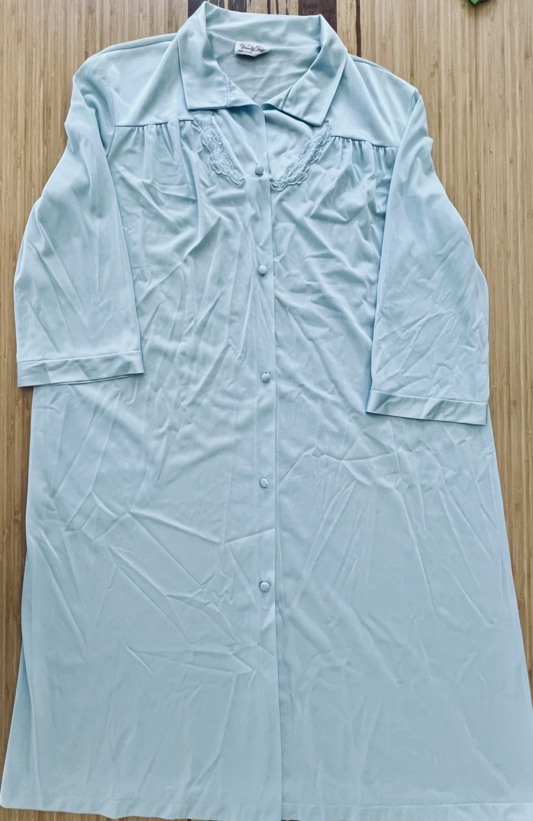 Vtg Vanity Fair Button Up Nylon Baby Blue Long Robe Housecoat L Grannycore EUC
