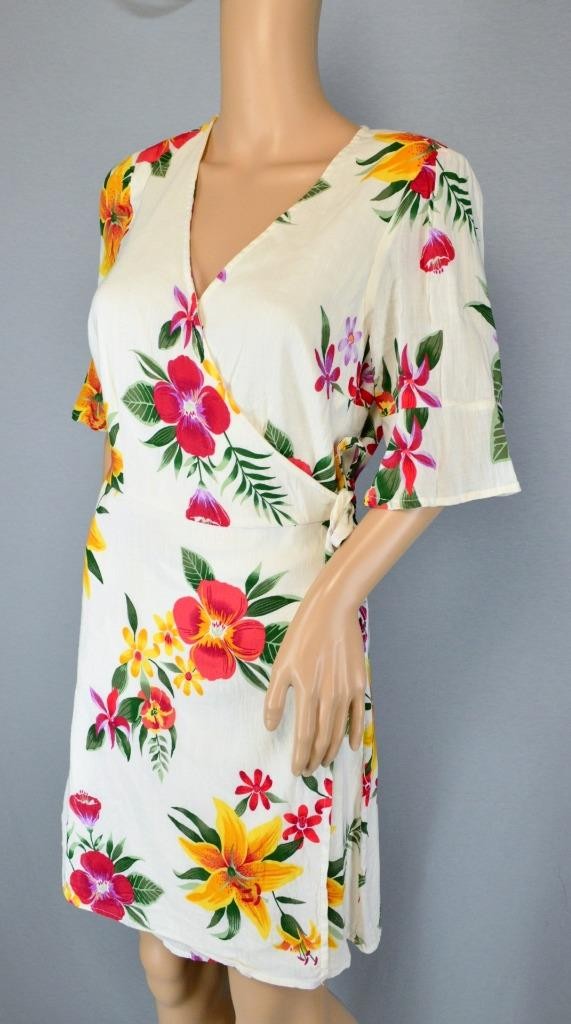 VTG Old Navy Mini White Tropical Floral Deep V Flutter Sleeve Boho Wrap Dress M