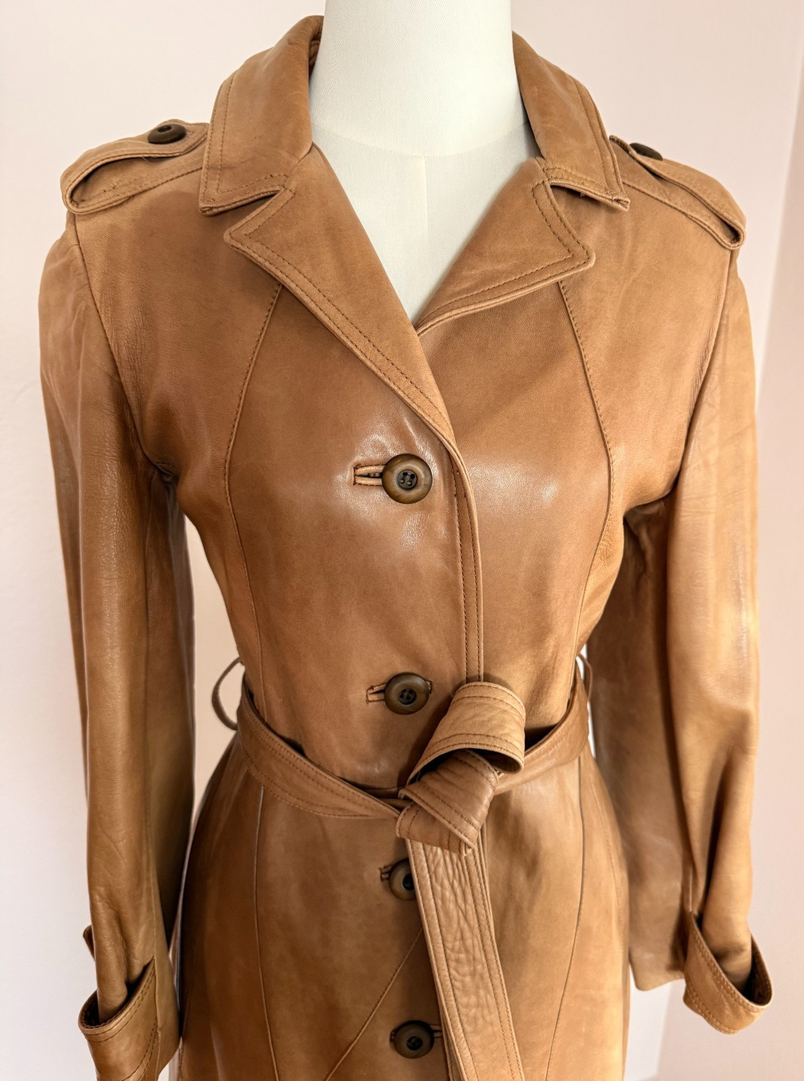 Vintage 100% Leather Trench Coat XS XXS Tan Belted Jacket Handmade in Mexico