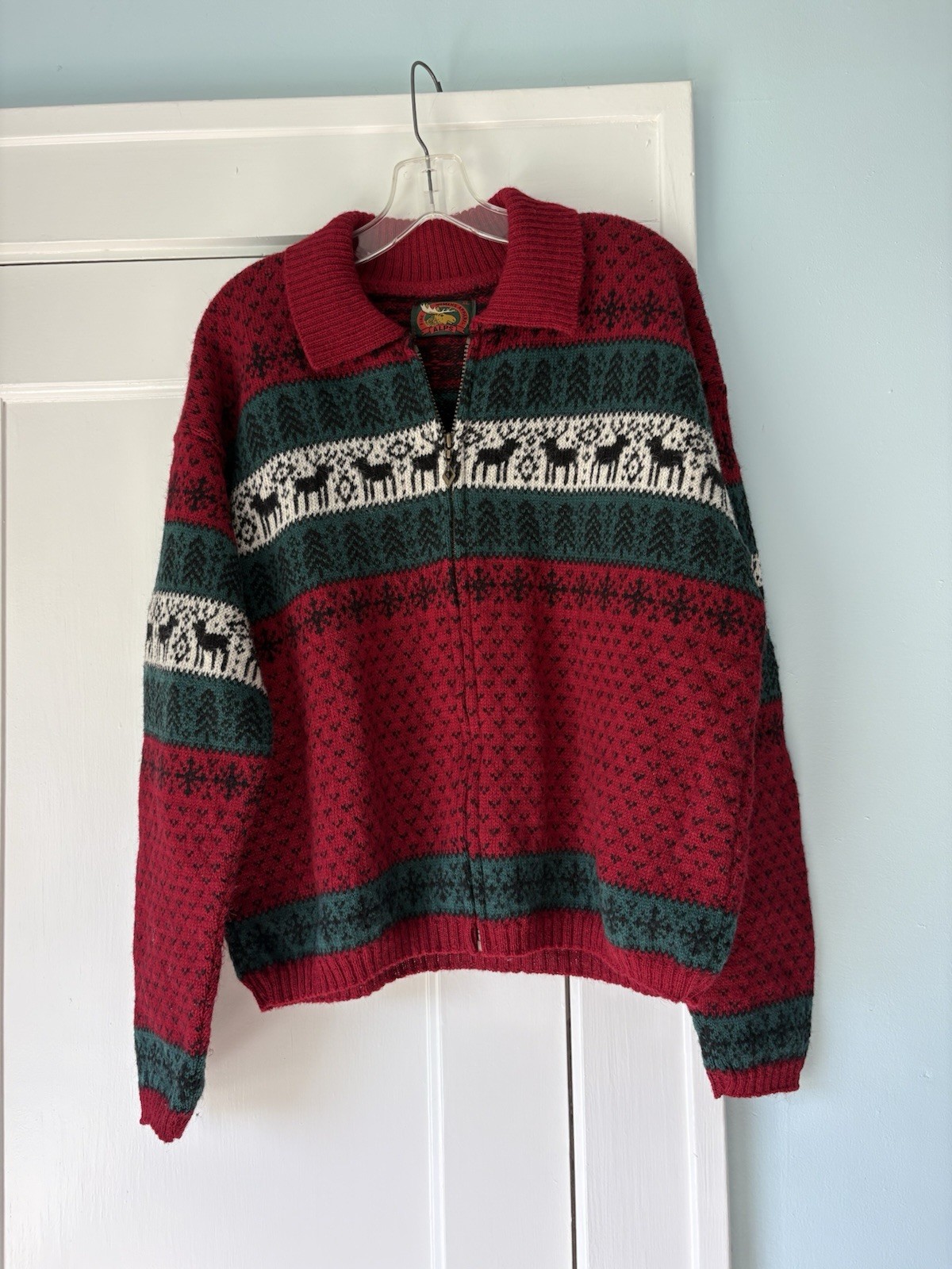 Vtg 90s ALPS Fine Womens Apparel Moose Fair Isle Nordic Full Zip Sweater XL
