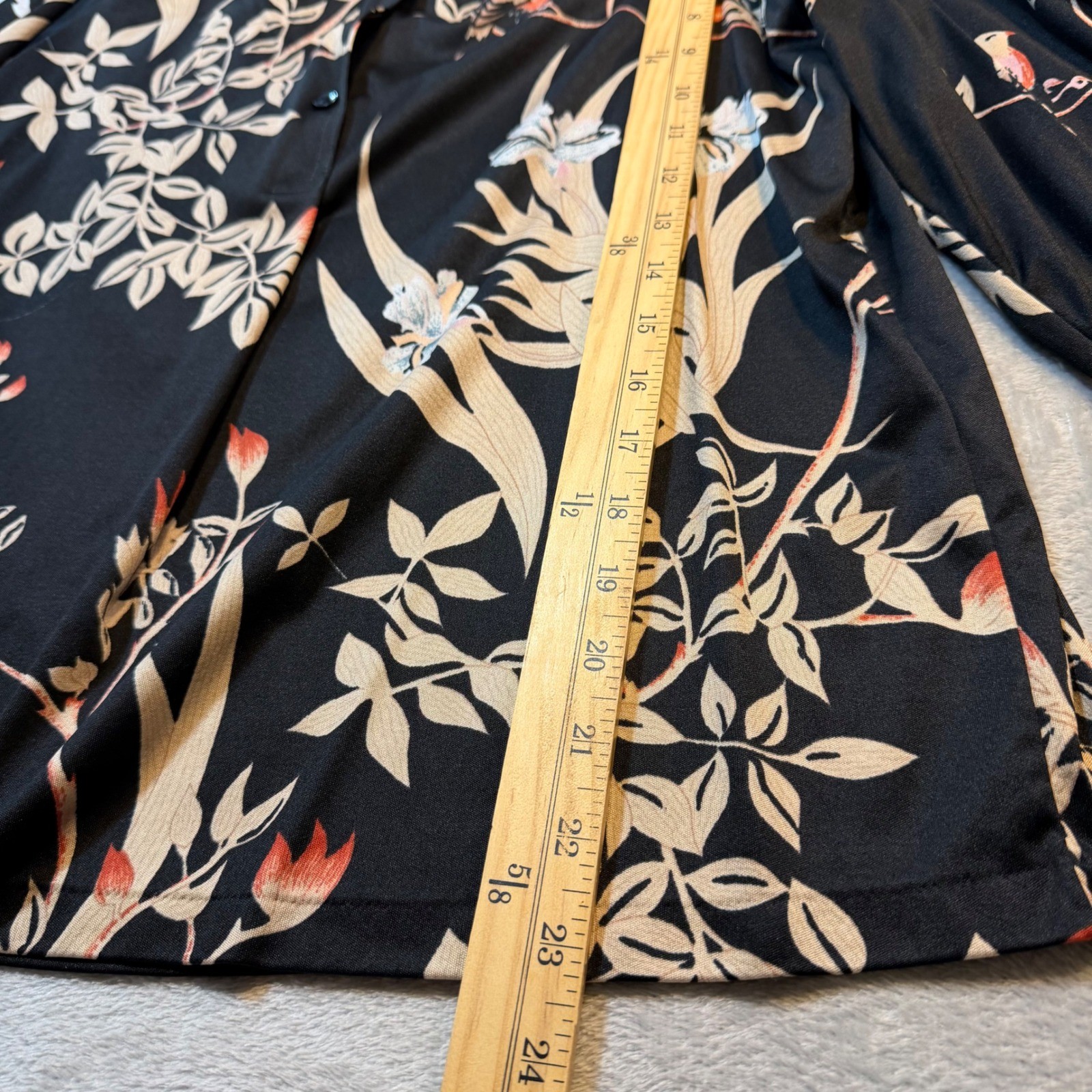 Vintage 70s Dark Floral Womens Black Bird Print Mock Neck Botanical silky light