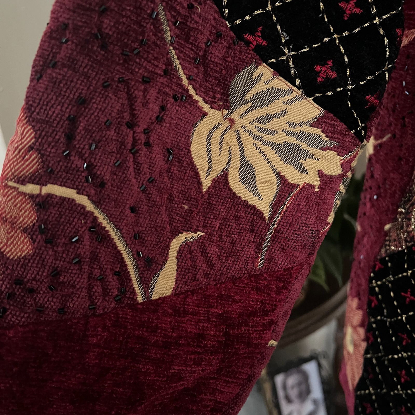 Alex Kim Vintage Burgundy Embroidered Patchwork Jacket sz Petite M