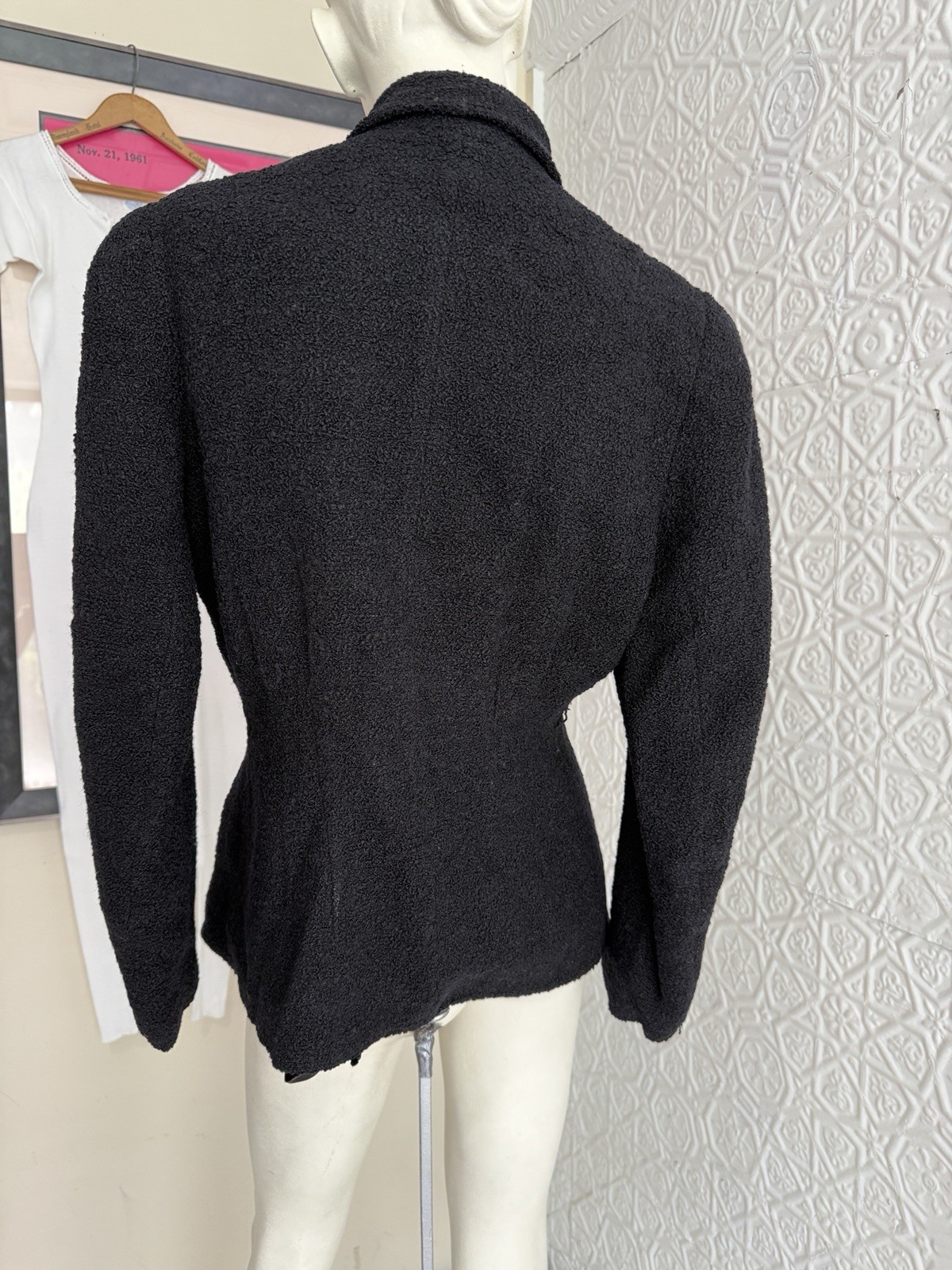 Vintage 1940s women’s black wool boucle jacket-Tailored gothic vamp Antique Fall
