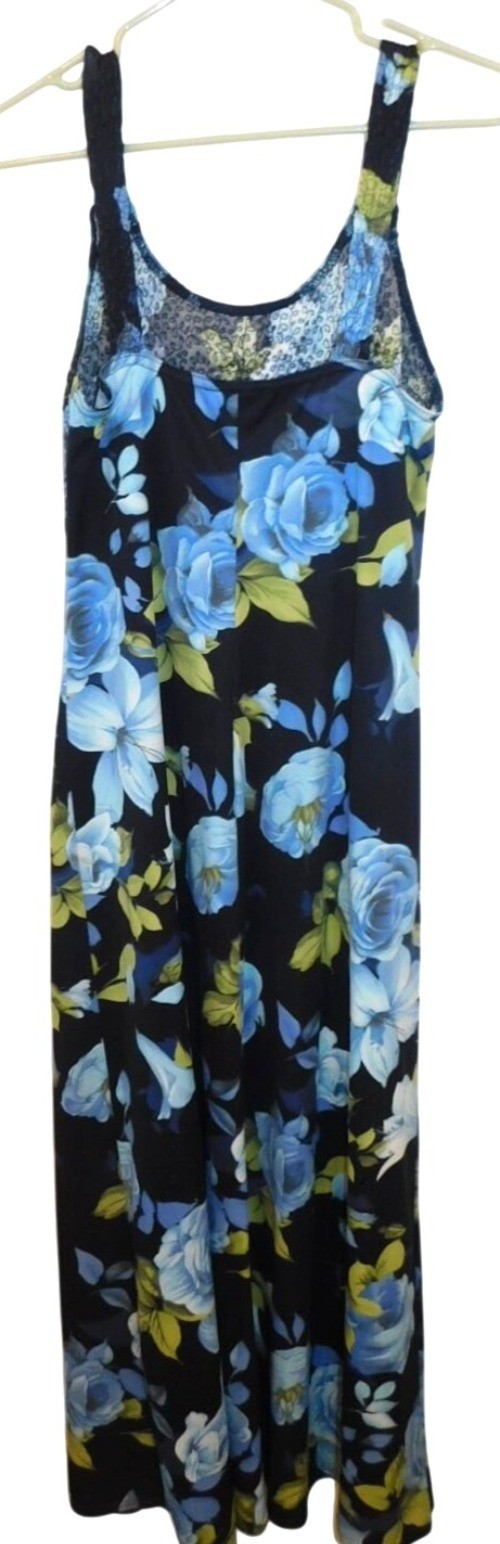 Floral Maxi Dress By Rag Blue Roses Stretchy Bodice Womens Sz S or M 1990s Vtg