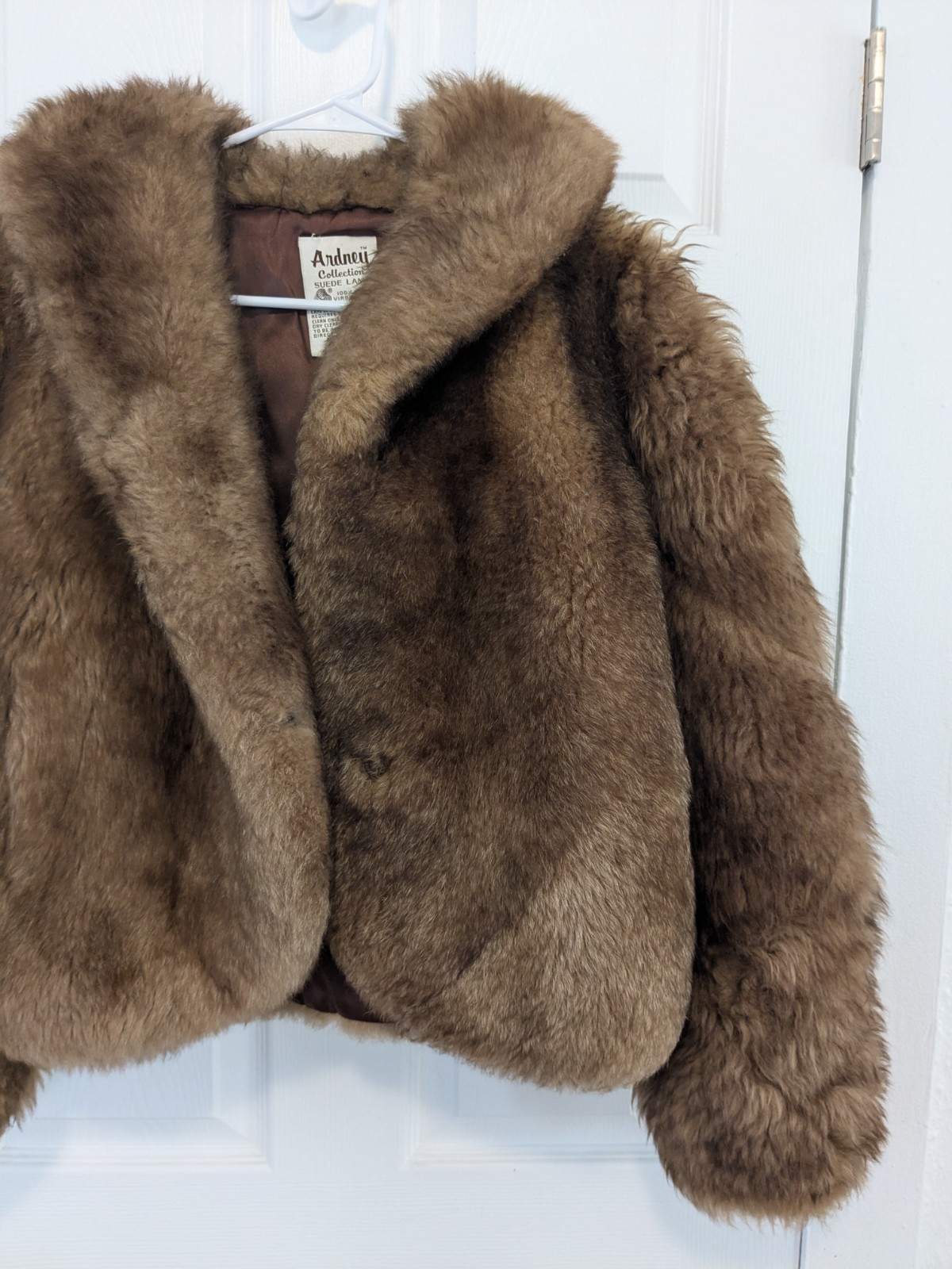 Vtg Ardney Genuine Suede Lamb Shearling Long Pile Wool Puffer Bomber Size 12 Tan