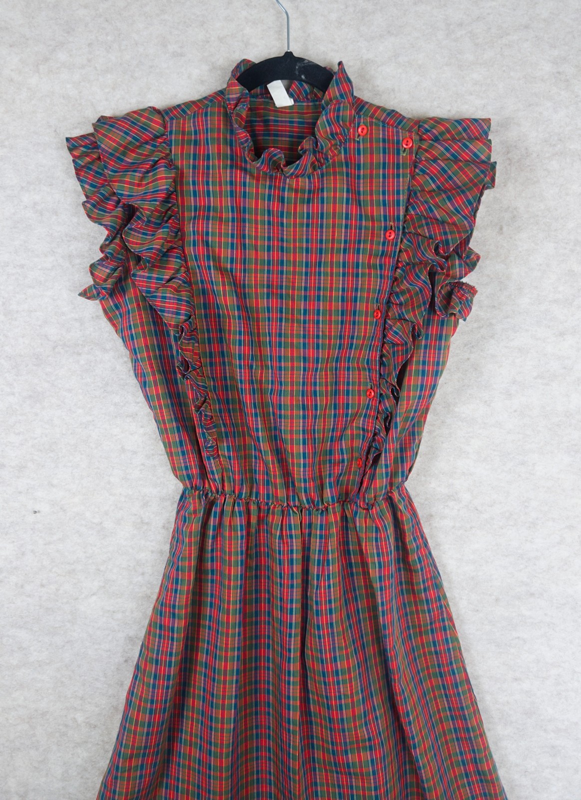 Vintage 60s 70s Red Plaid Ruffle Prairie Midi Dress Best Fit S/M Western Holiday