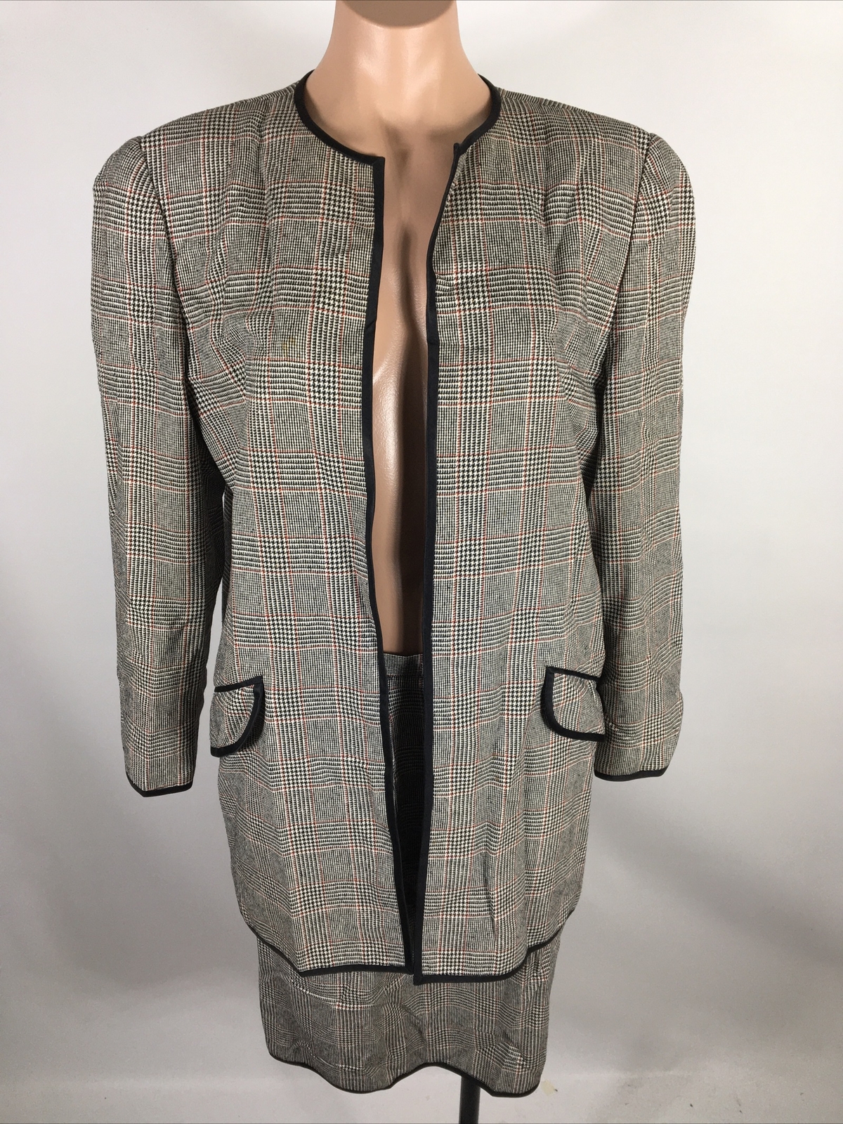 Vintage 80s Stanley Platos Martin Ross Sz 10 Plaid Black Skirt Suit MOD Retro