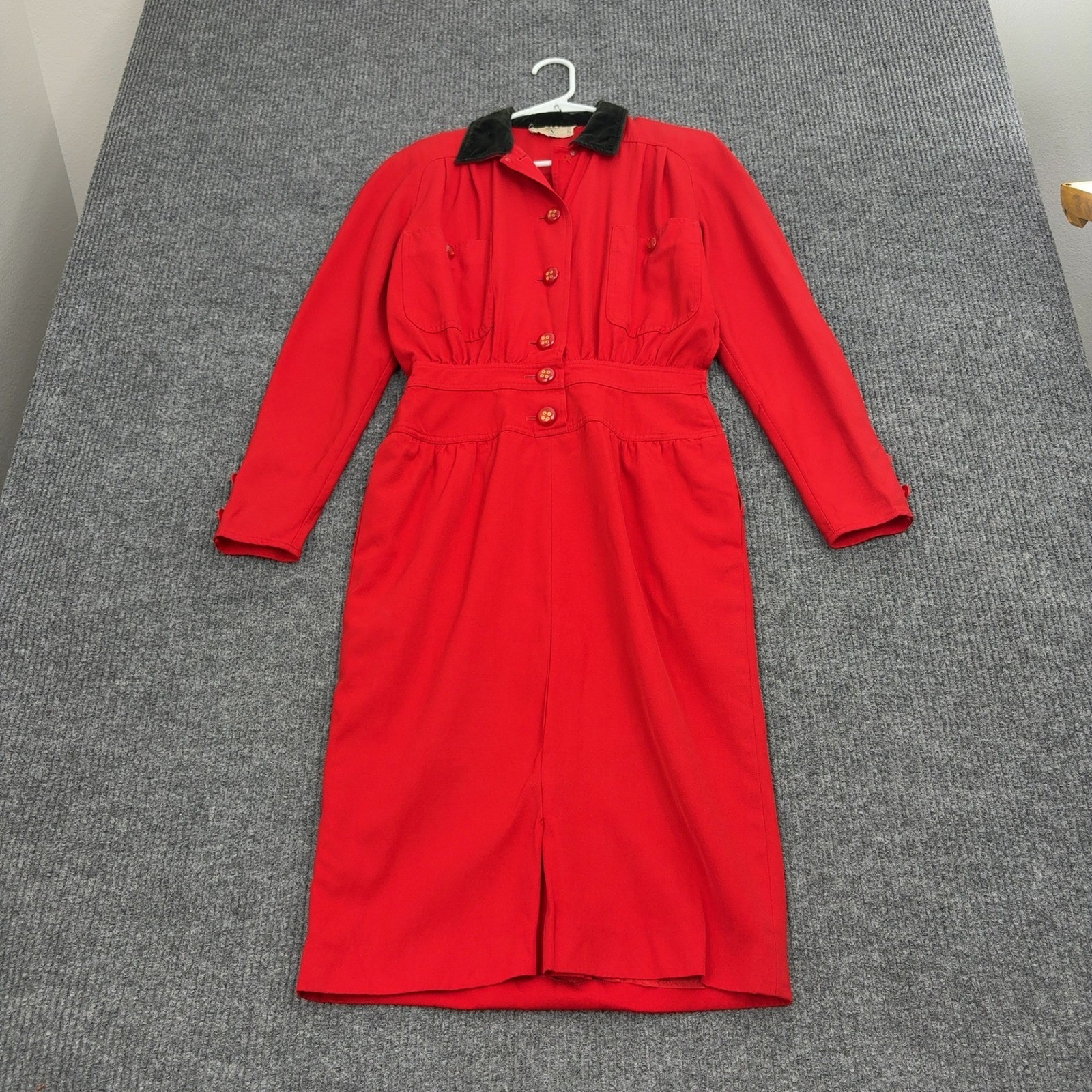 Vintage Valentino Miss V Dress Womens 42 Red Velvet Collar Button Front Midi