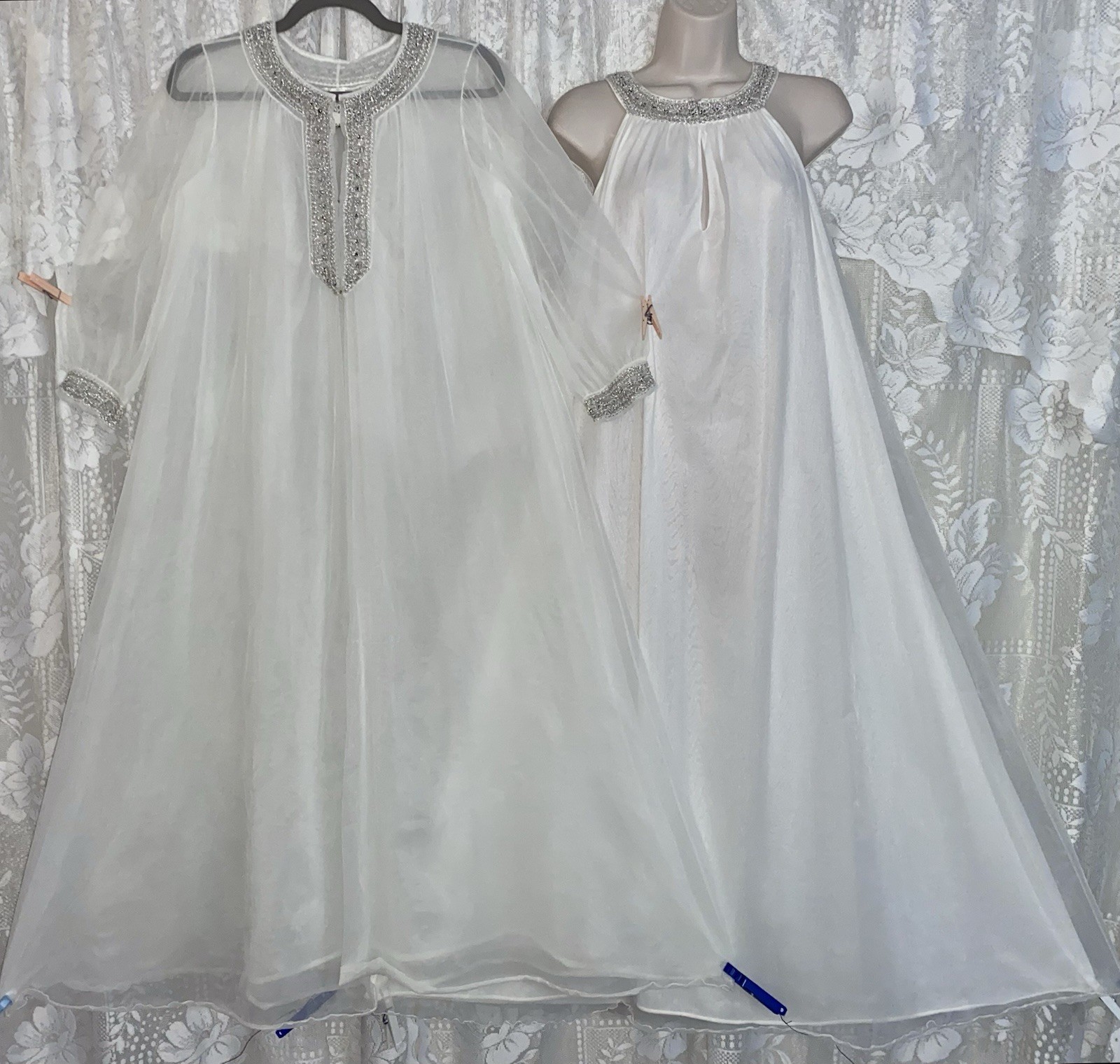 VTG S M Bridal Snow WHITE Dbl Sheer Chiffon Peignoir Robe Nightgown Rhinestones