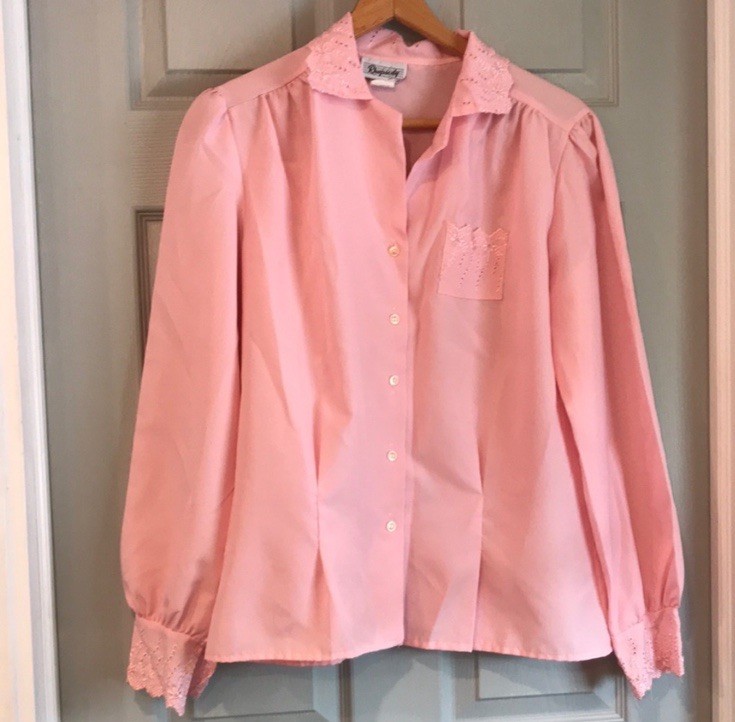 Rhapsody Women’s M Vintage 80s Pink Feminine Eyelet Lace Cuffs Coquette Blouse
