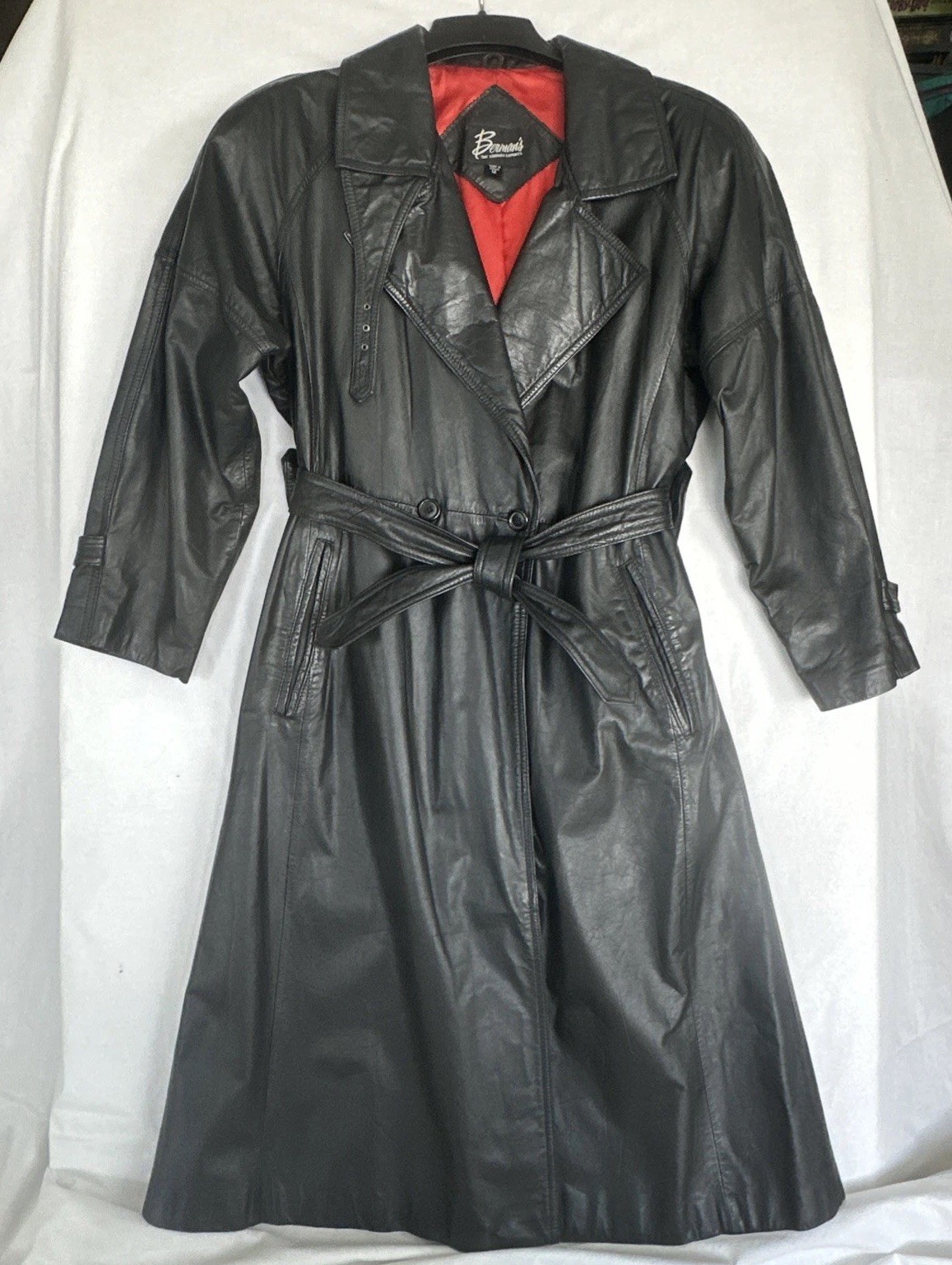 Vtg Bermans Black Leather Trench Coat *Womens 12 Belted Long Duster Red Lining