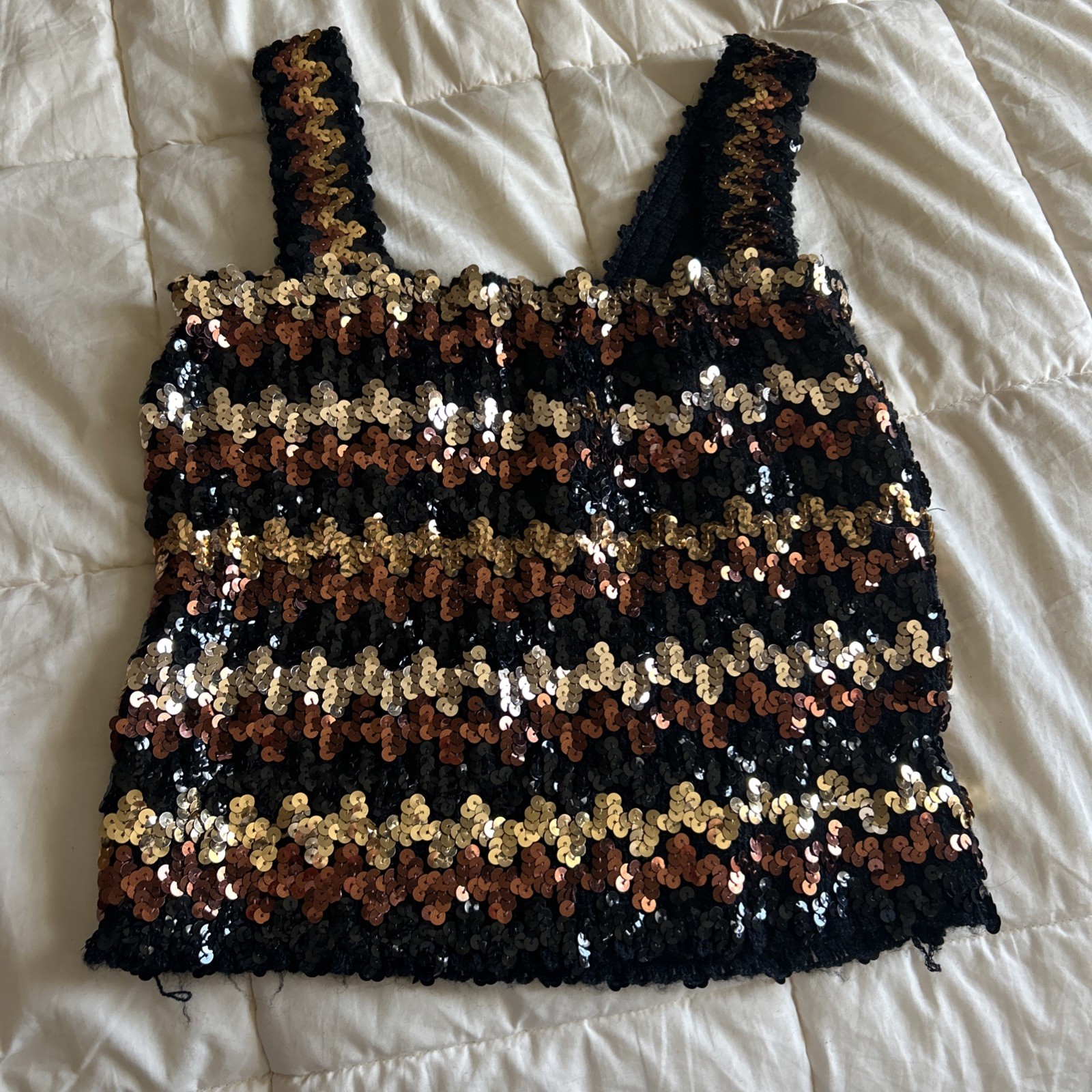 Vintage Sequin Top Cropped Black Brown Gold Small