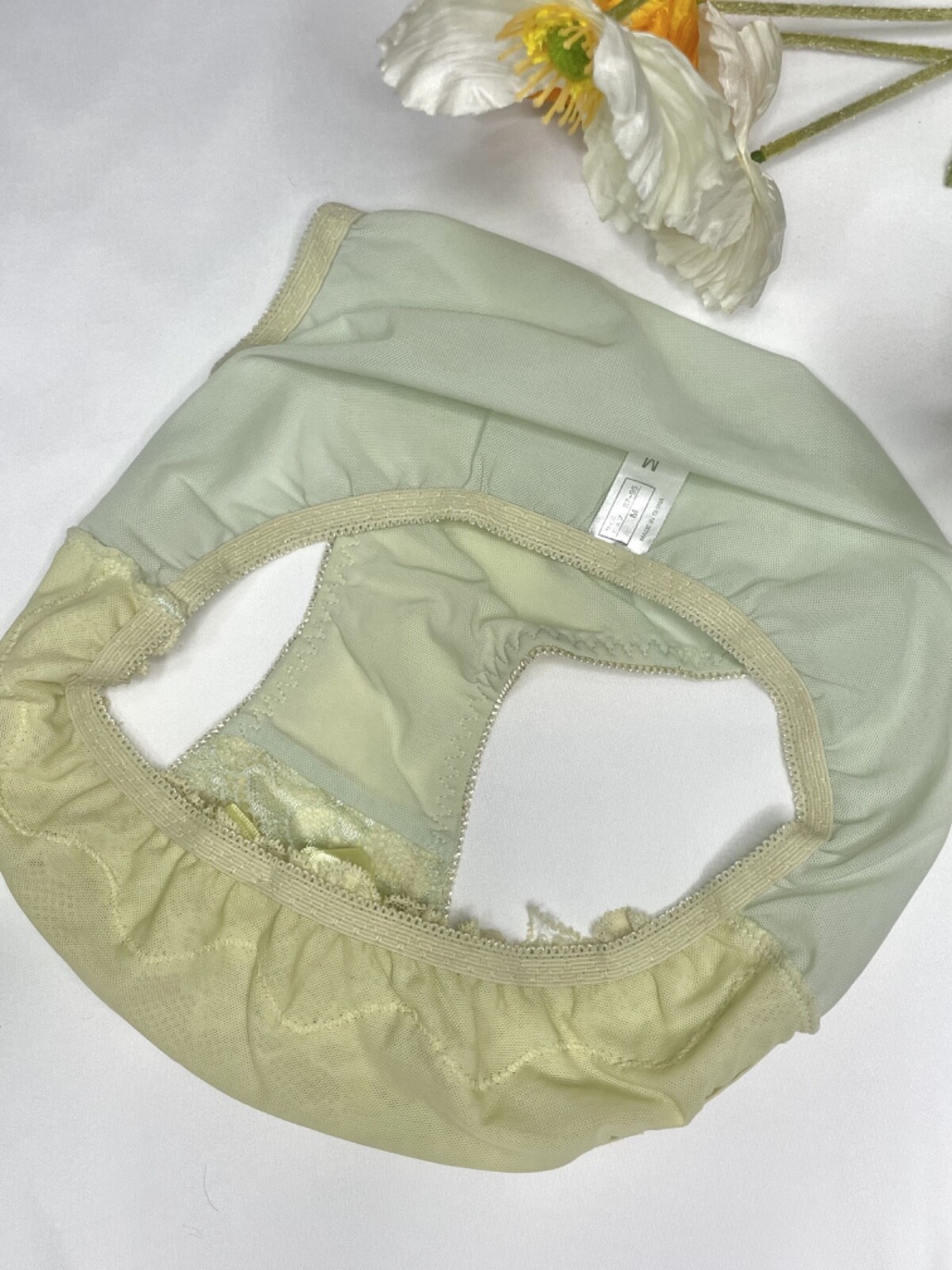 Vintage Silky Pale Nylon Mesh Sissy Panty Sz.5 Floral Lace Briefs Hip 34-37″