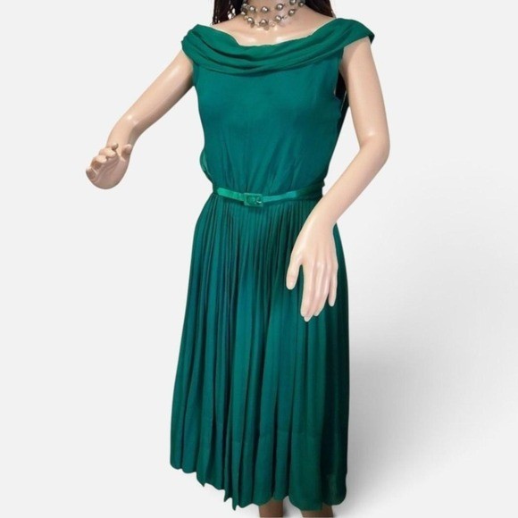 Vintage 50s Emerald Green Chiffon Party Dress XS 2 / 4