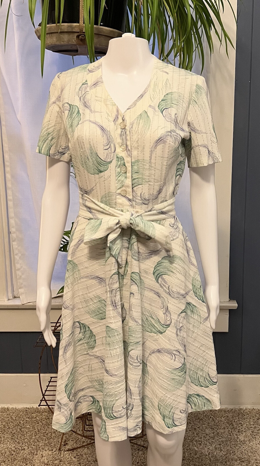 Vintage 1960s Dress Abstract Geometric Waves Fit And Flare Cocktail Blue Green M