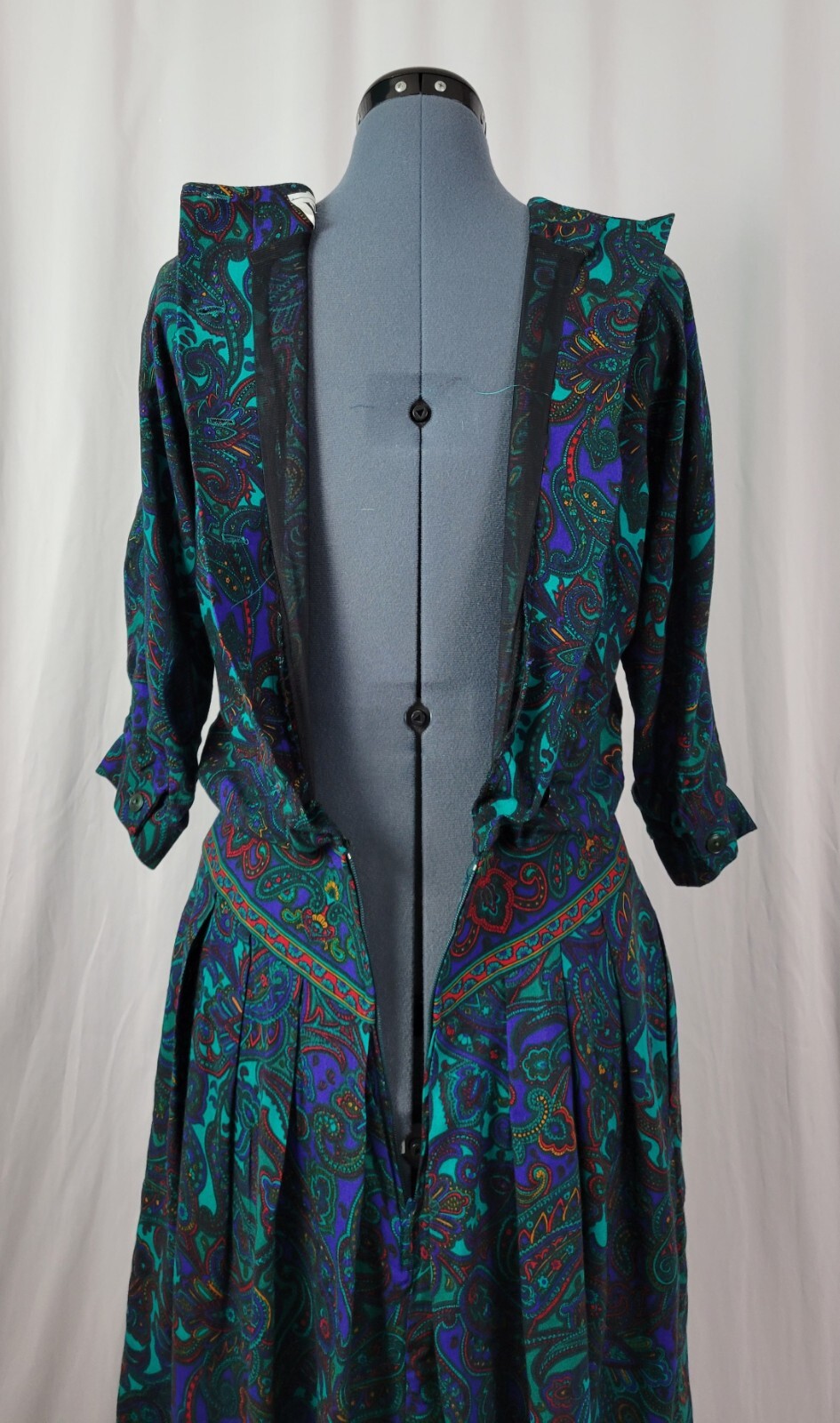 Vintage VLP Petites Green & Purple Paisley Blouson Secretary Dress SIze 8