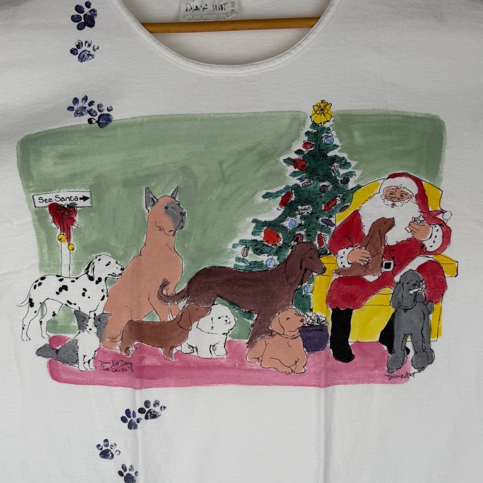 Vintage Diane Wat Hand Painted Christmas Dogs Santa T-Shirt White One Size
