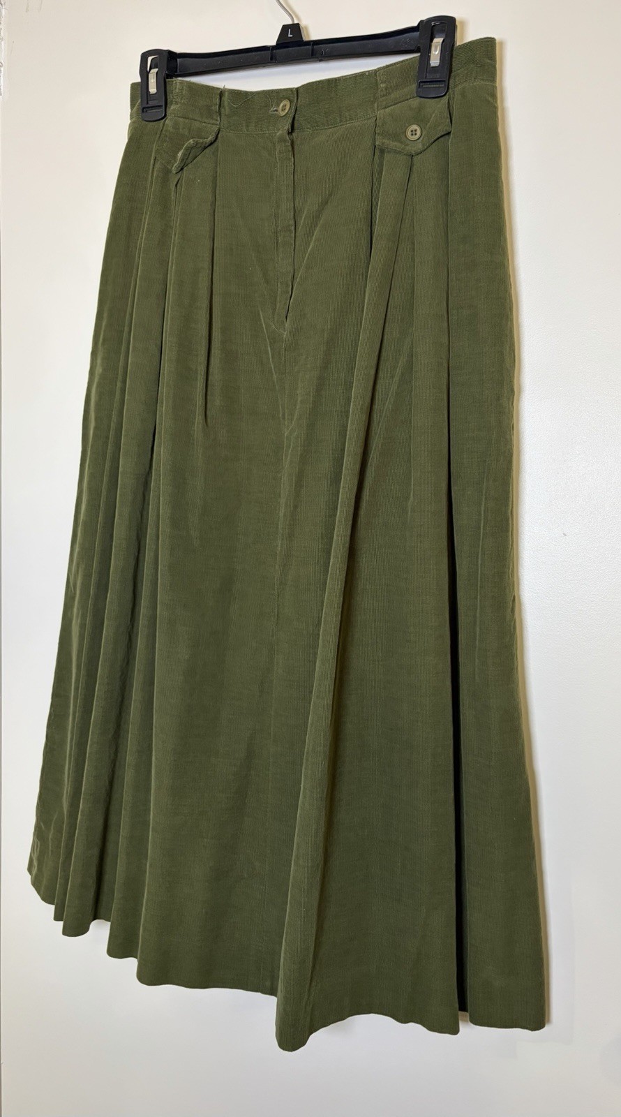 Vtg Susan Bristol Army Green Corduroy Long Length Skirt Made In Hong Kong Preppy