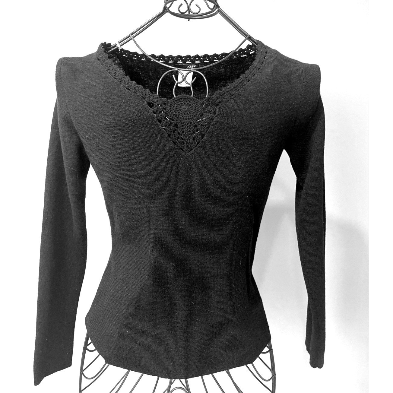 Vintage J.Crew Merino Wool Knit Top Black Crochet Lace V-Neck Long Sleeve Med P