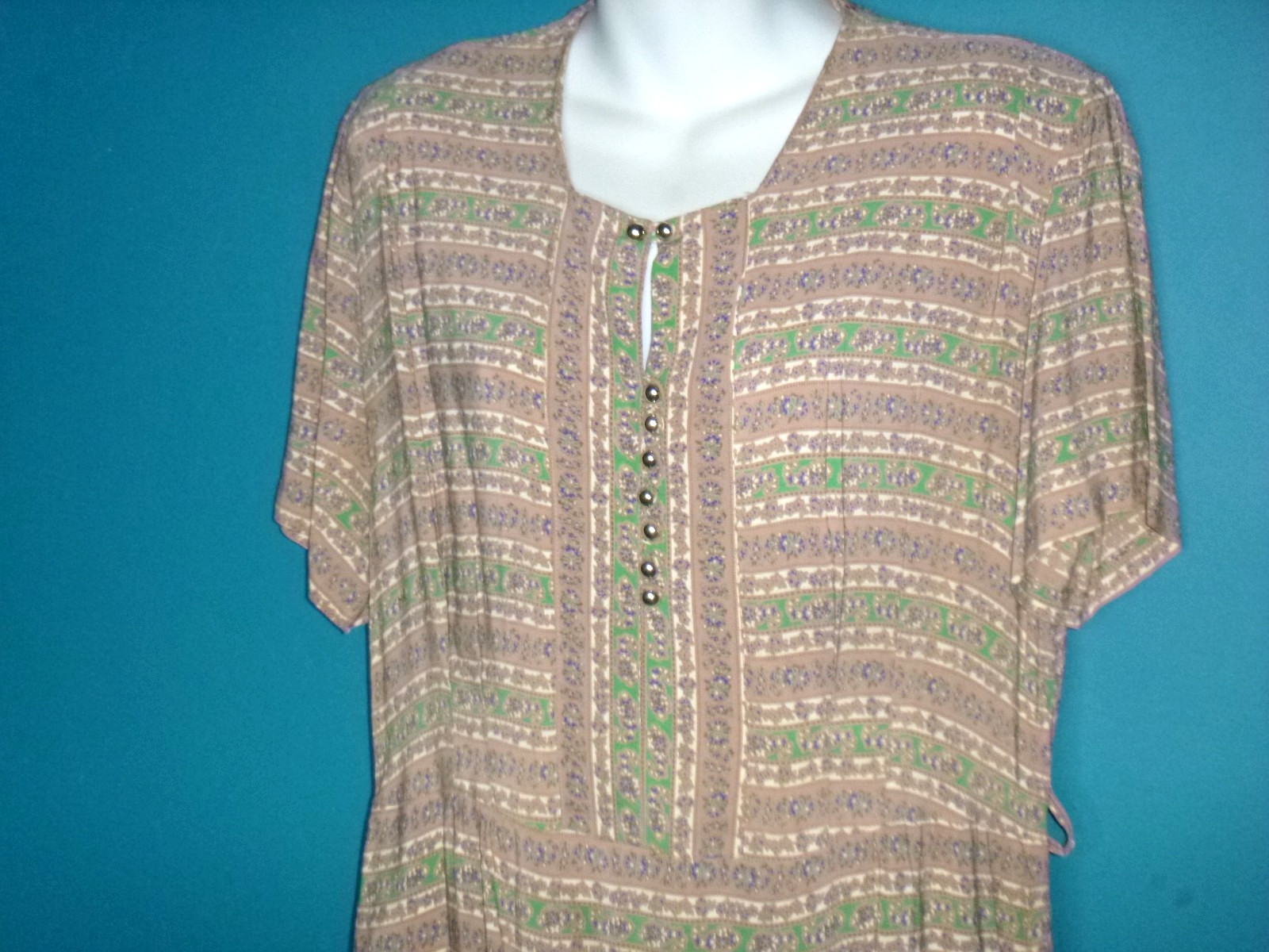 Vtg 40s 50s Rayon Dress Green Tan Blue Floral Stripes W/ Peplum VOLUP Sz XL