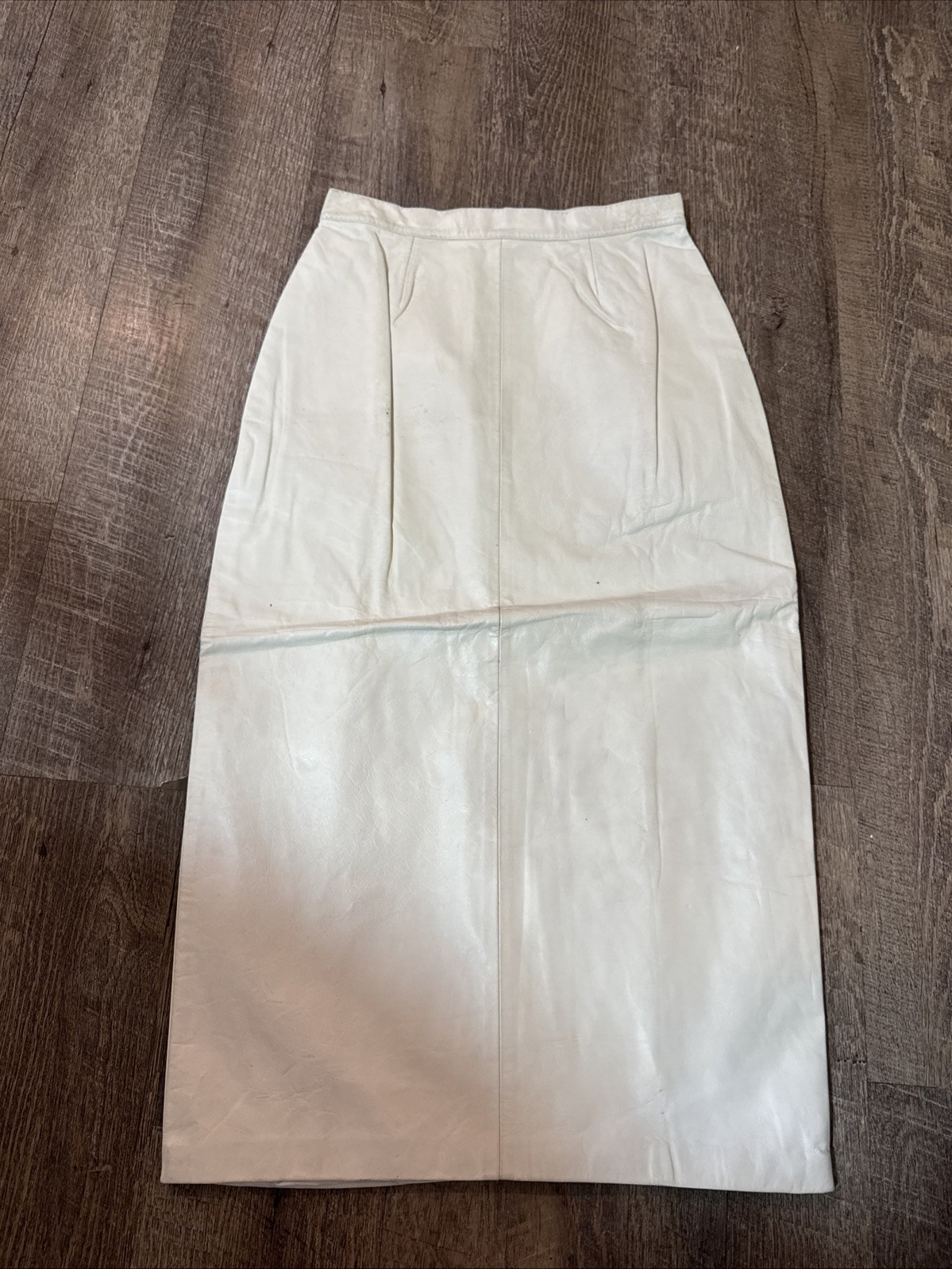 Vtg White Ivory Leather High Waist Pencil Midi Skirt Mob Wife, Glamor Deadstock