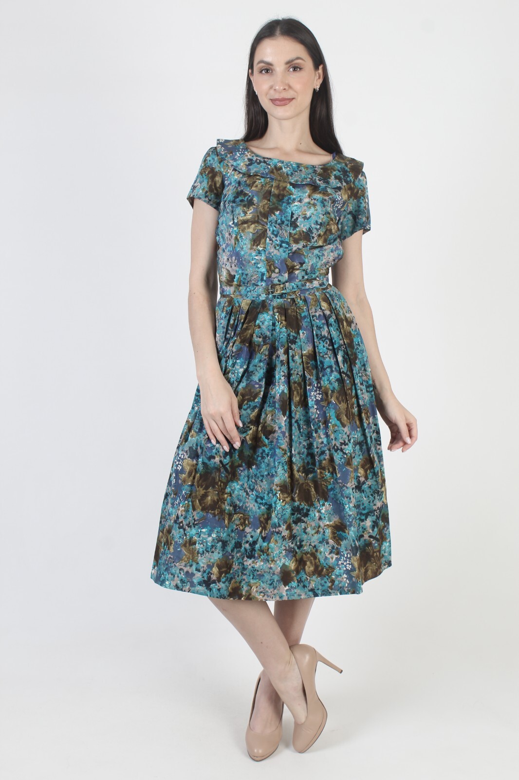 Vintage 50s Pat Nichols Floral Dress Mid Century Pin Up Belted Rockabilly Swing