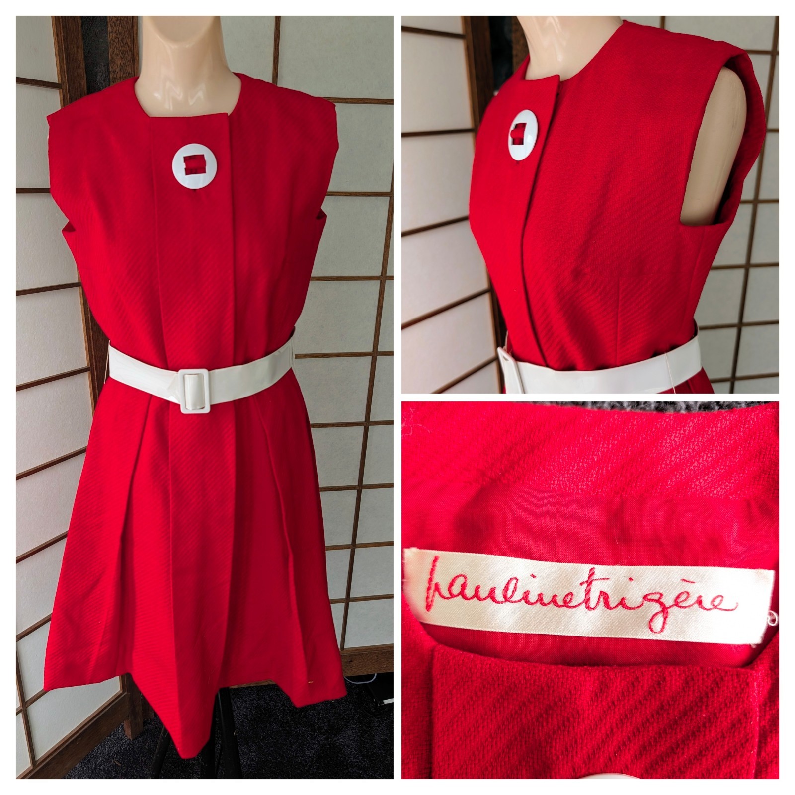 Vtg 1960s Pauline Trigere Red Designer Dress Mod Fully Lined S/M (10) White Belt