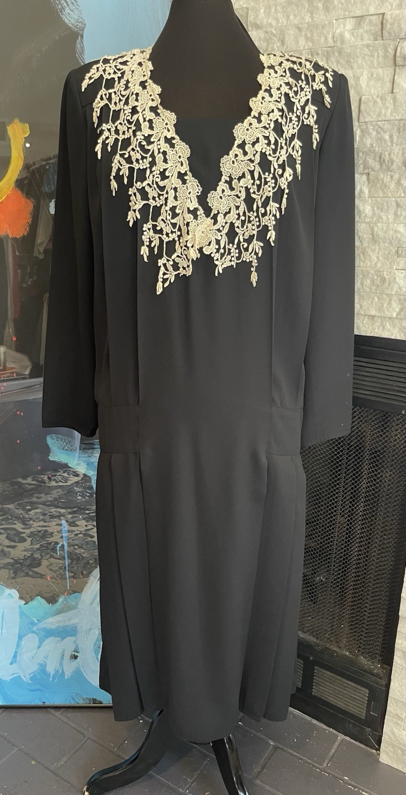 Vintage 80s Nilani Victorian Secretary Tea Dress Lace Pleated Black Size 6