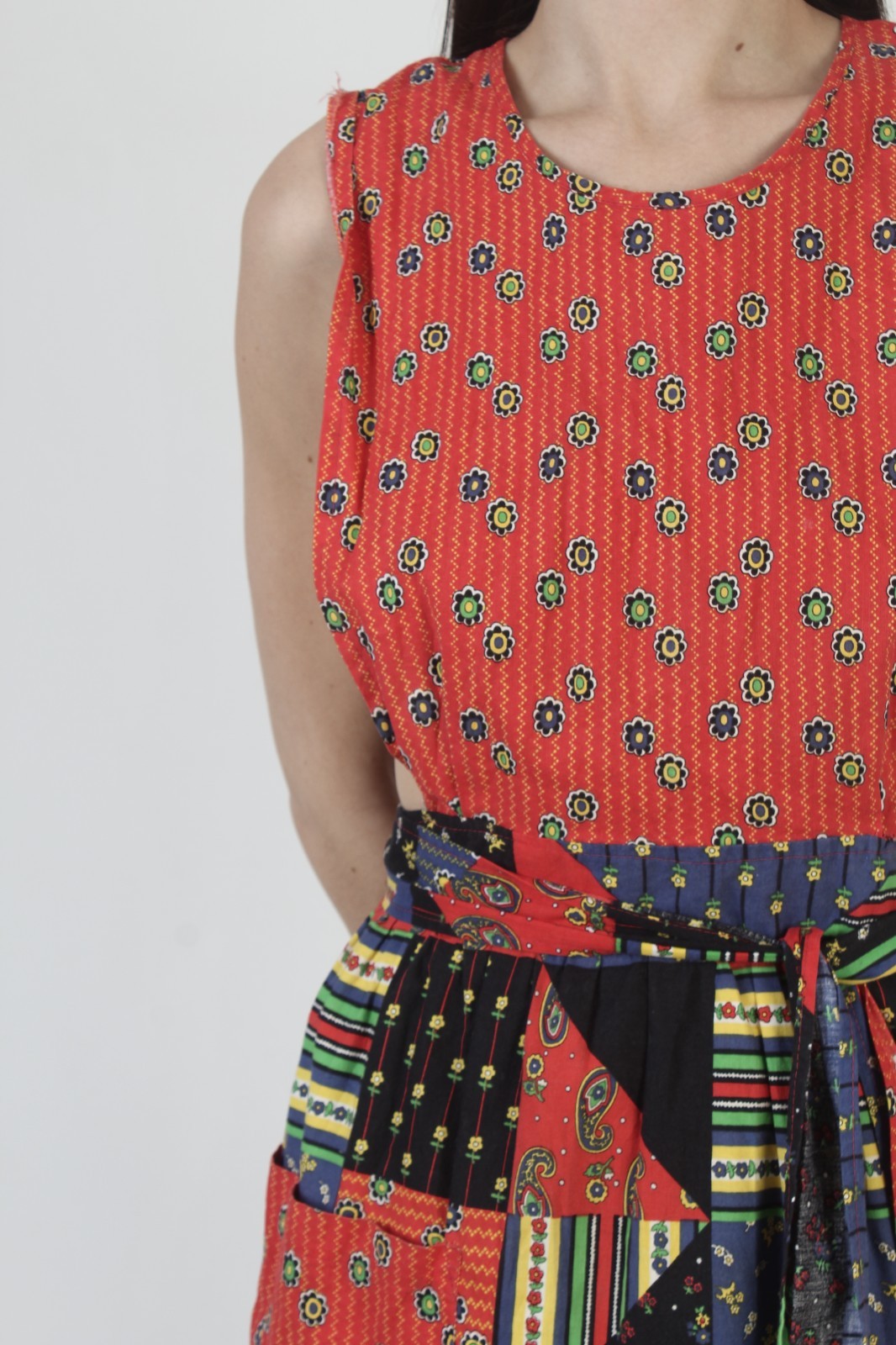 Vtg 70s Patchwork Pinafore Country Farm Calico Red Apron Boho Prairie Sundress