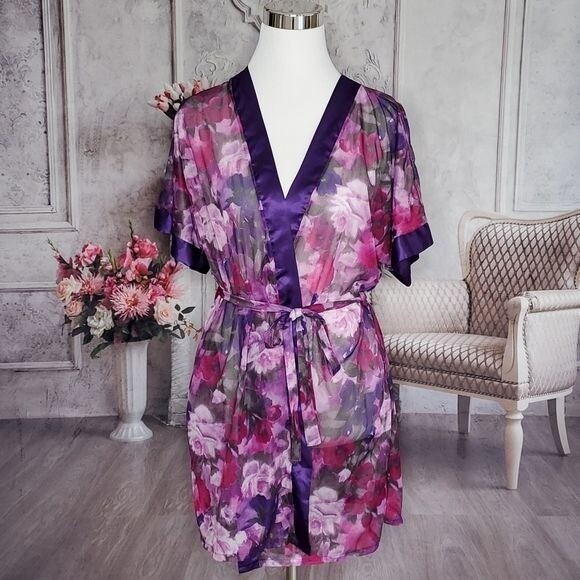 Vintage Sheer Floral Purple Multi-Color Double Tie Waist Robe Size Medium