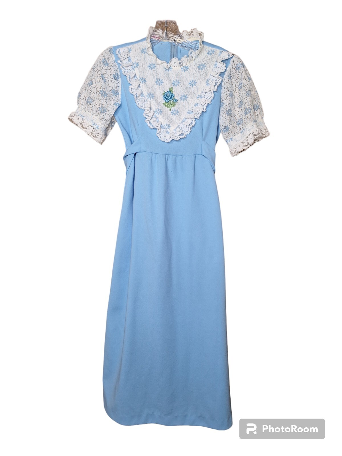Vtg 70s Prairie Style Blue Dress Lace Puff Sleeves Juniors Young &…