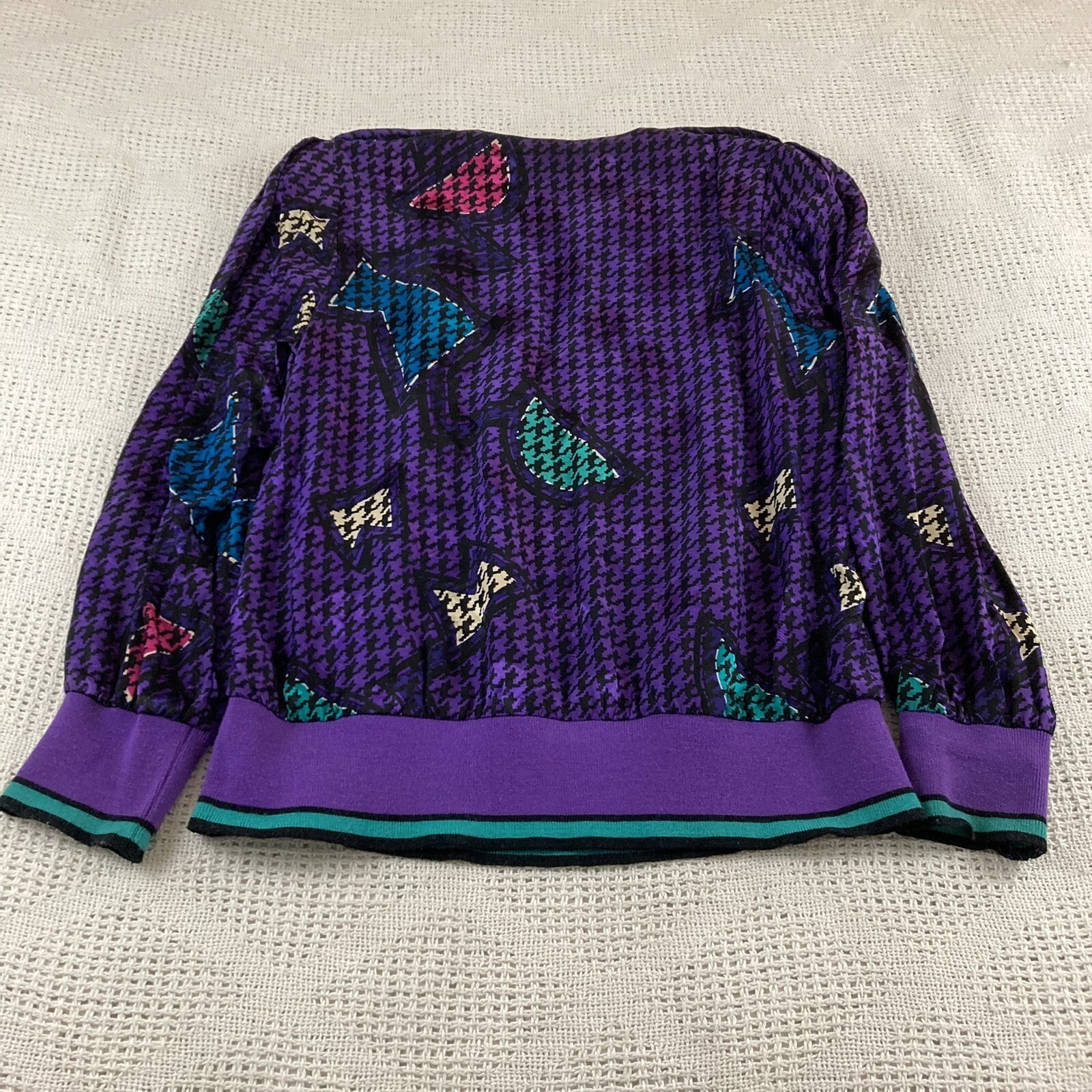 Vintage Lauren Alexandra Skirt Blouse Set Size 12 Purple Houndstooth Pure Silk