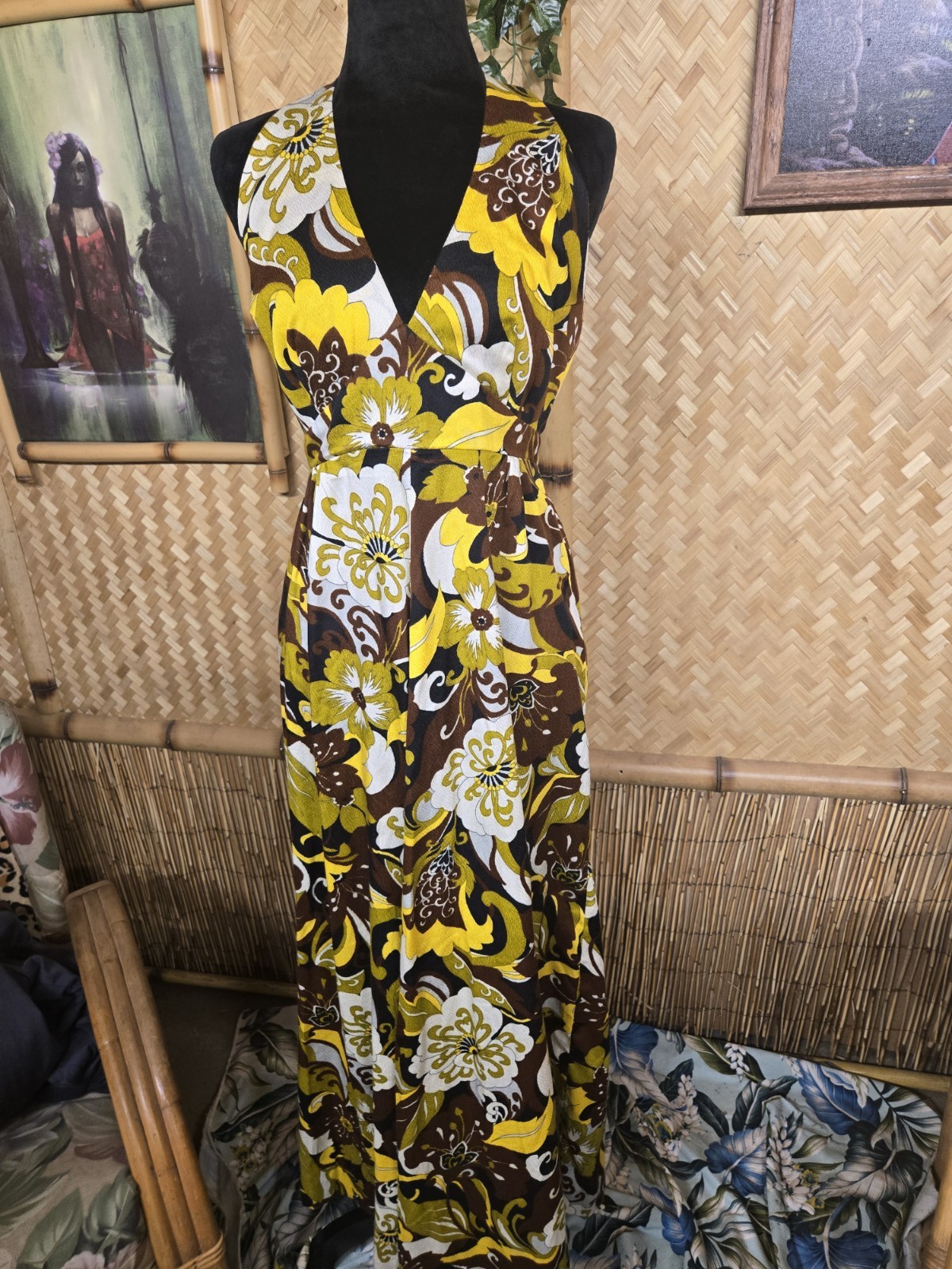 Vintage Hukilau Fashions Hawaiian Barkcloth Aloha Maxi Halter Dress w1127