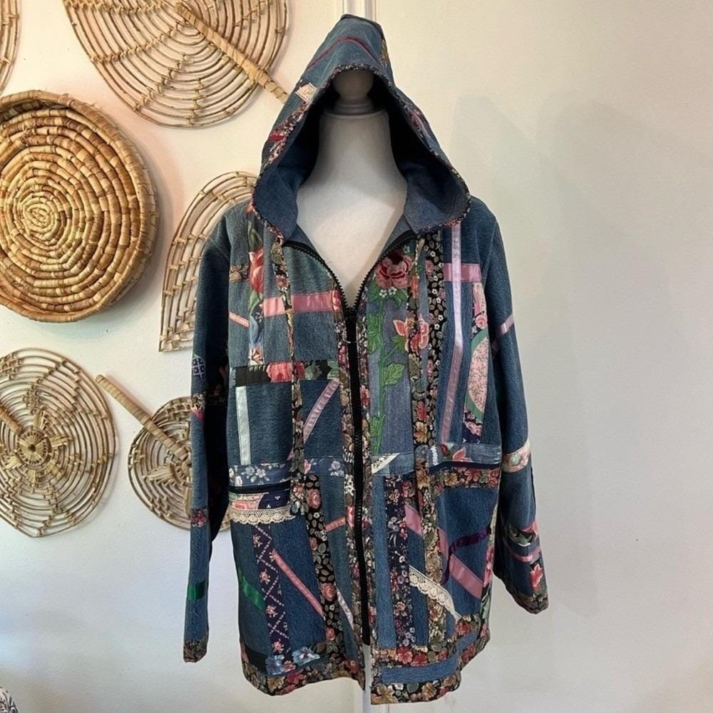 Vintage Patchwork Quilted Jacket Hooded Boho Oversized Denim Coat L XL