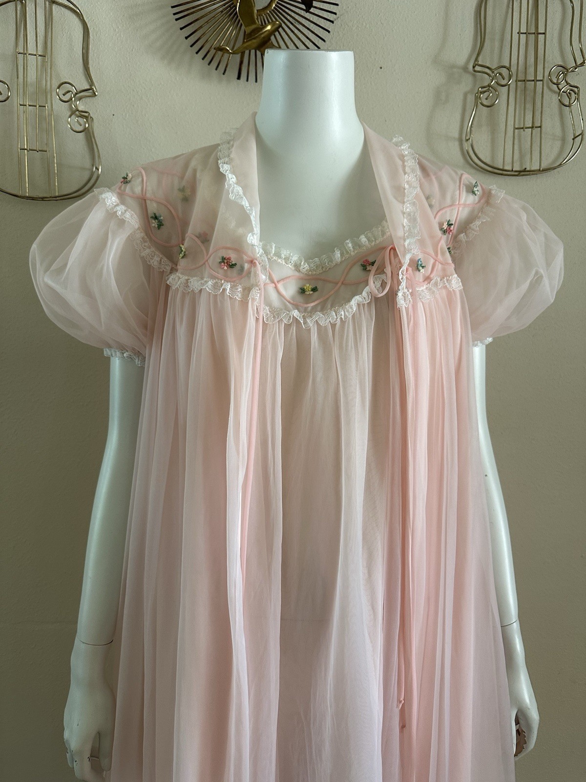 1960s Gotham Pink Nylon Peignoir Set Babydoll Chiffon Lace Lingerie Robe M VTG