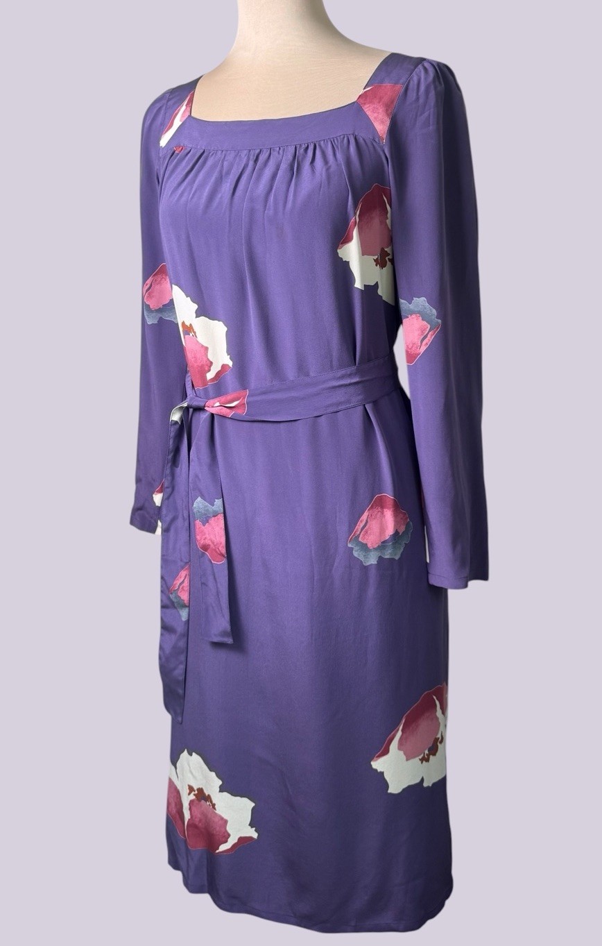 Nora Noh VIntage Silk Hawaiian Mumu Hostess Gown Purple Floral Resortwear Boho