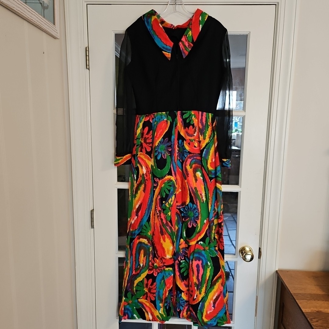 Vtg 60s Hawaiian Puritan Forever Young Psychedelic Maxi Dress w Sheer Sleeve M/L