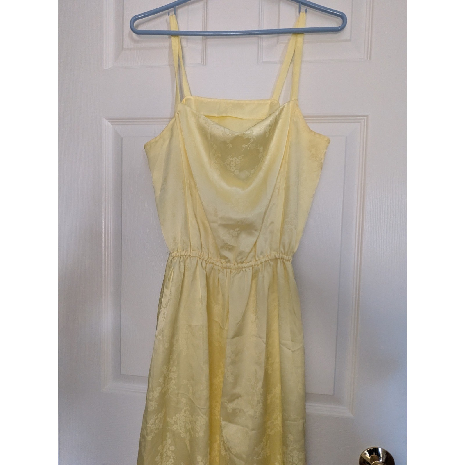 Vintage Yellow Floral Jacquard Maxi Dress Cowl Neck Elastic Waist Sleeveless M
