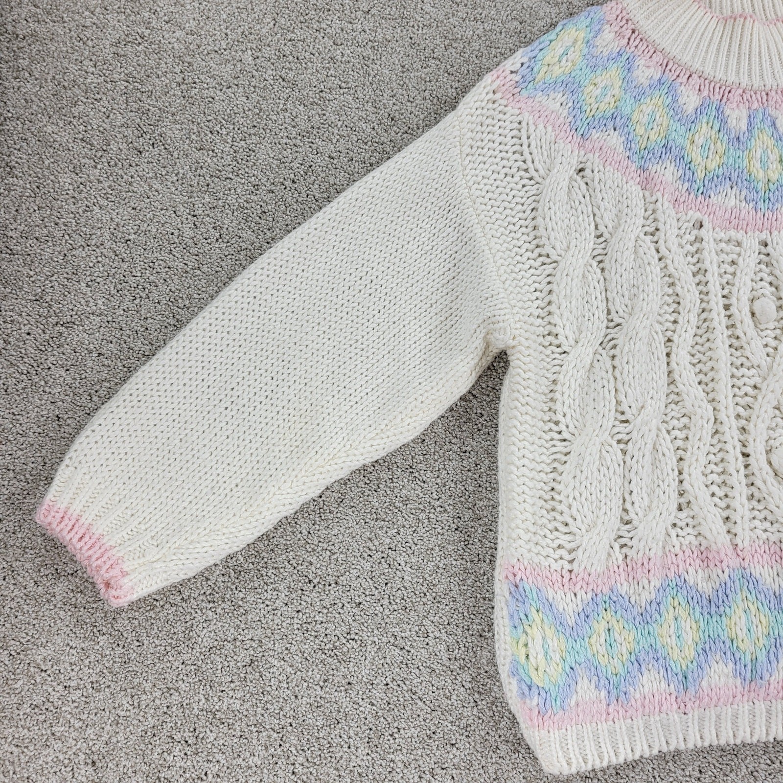 VTG Jamie Scott Sweater Womens L Cream Hand Knit Pastel Ramie Mock Neck 80s