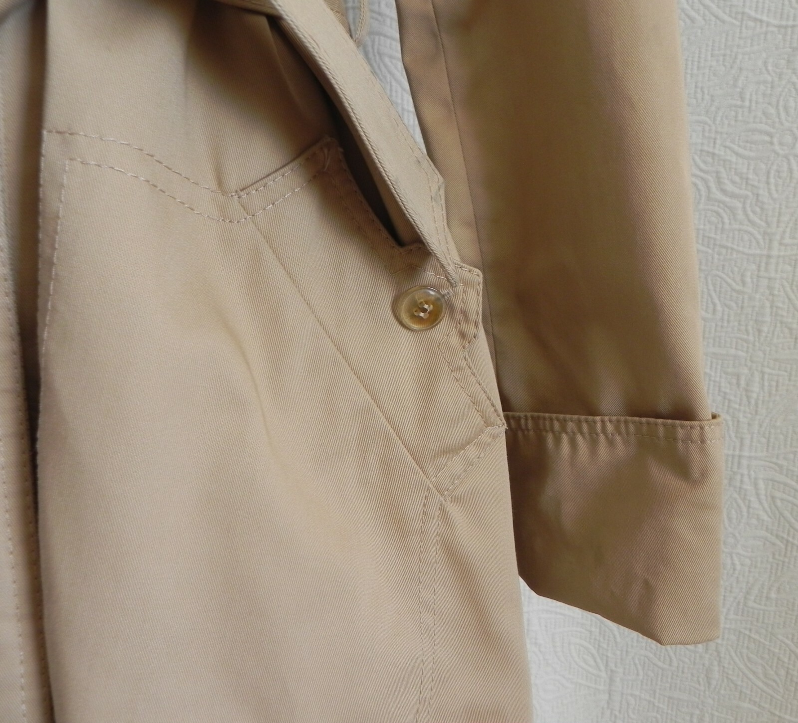 Vtg Made in Japan Trench Coat Khaki Midi Belted Pockets Cotton Blend Size S