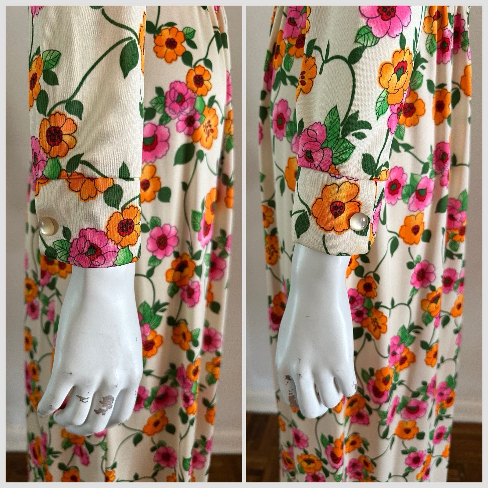 1970s Floral Maxi Dress Wide Collar Scovill Zip Mod Boho Hostess Novelty VTG S M