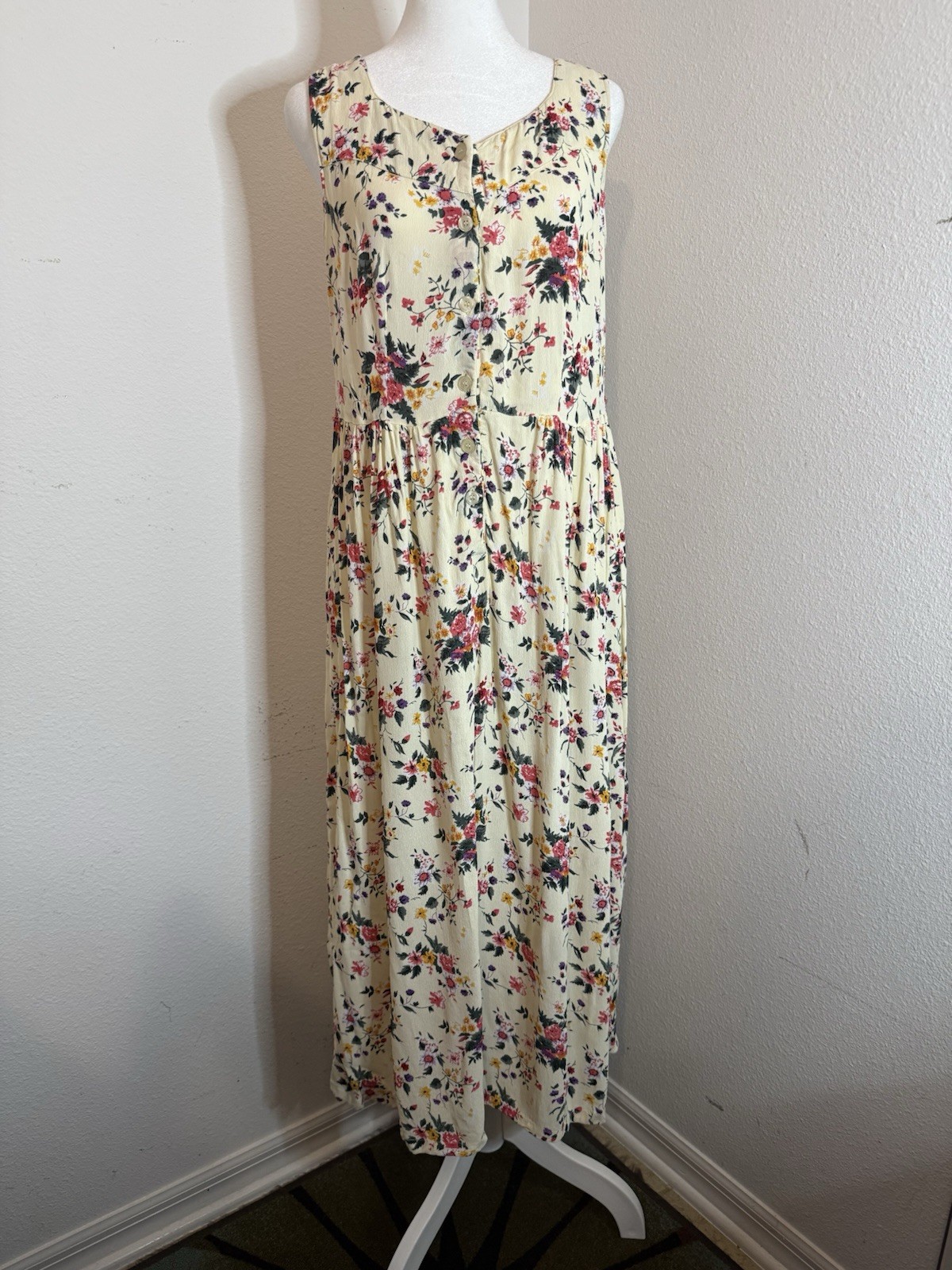 Vintage Lillian Lorow Floral Dress L Rayon Midi Button Front 90s Made in India