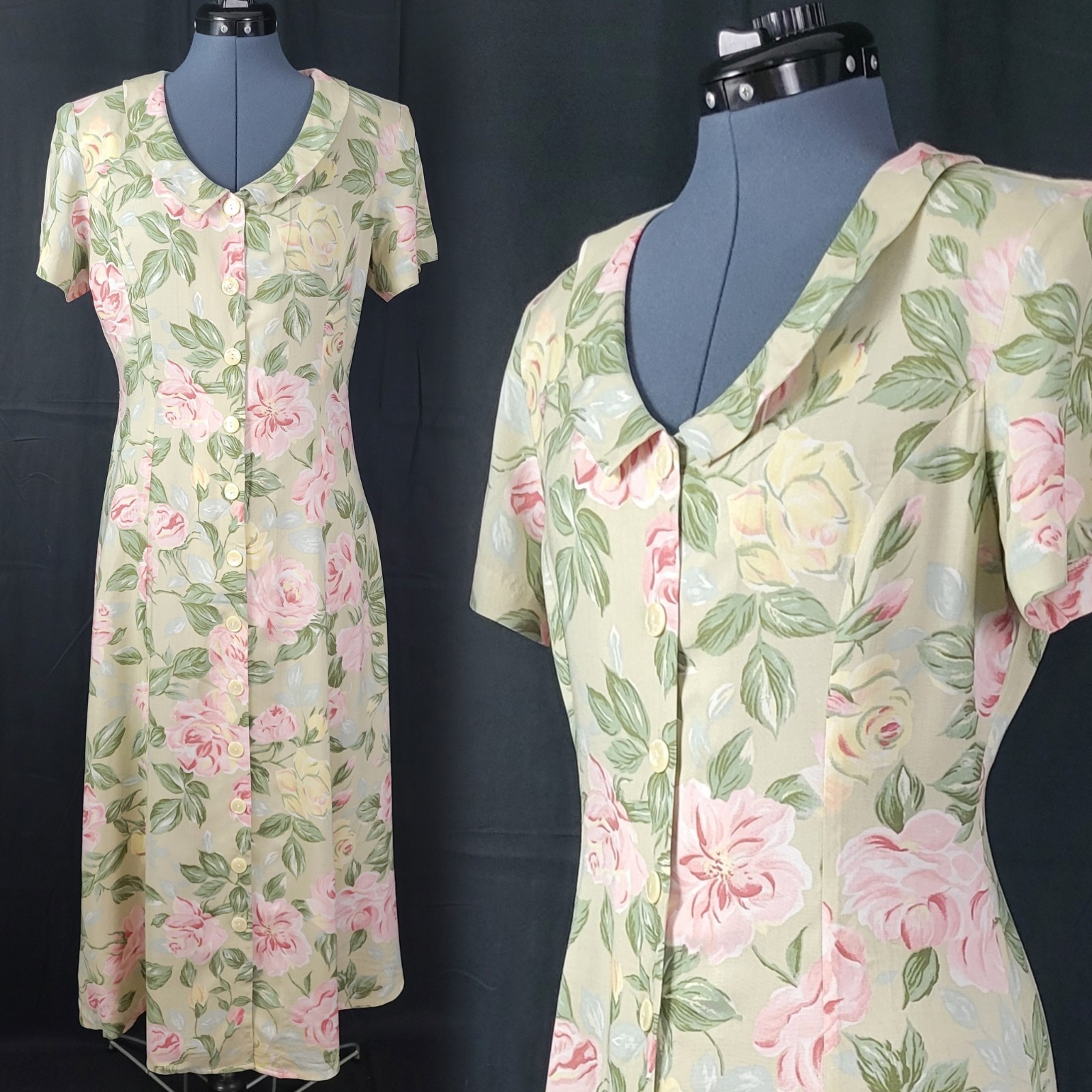 Vintage Ellen Ashley Tan Fit & Flare Button Down Dress w Pastel Florals Size 8